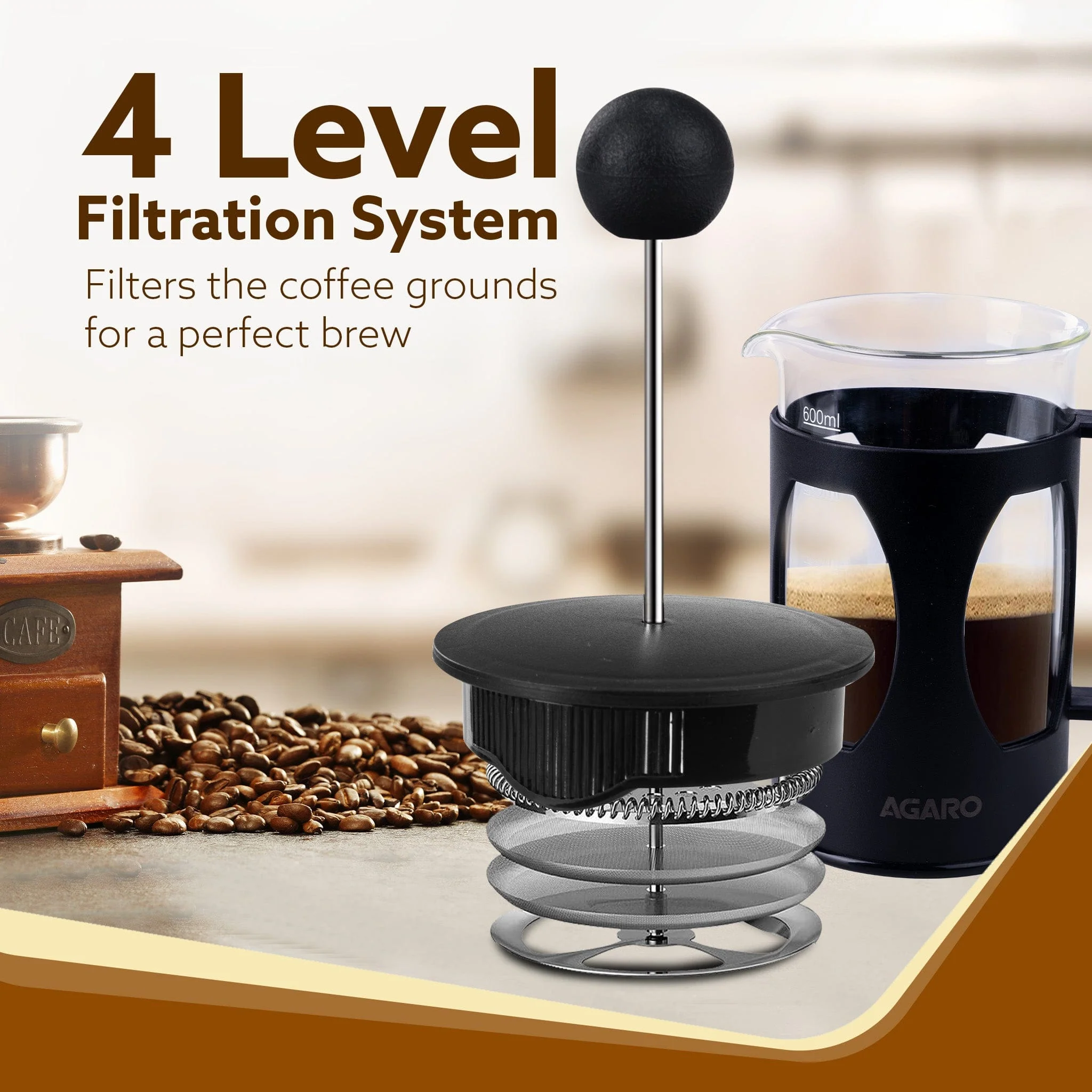 Elite French Press Coffee And Tea Maker, Borosilicate Glass Body With Sleeves, Glass Carafe, BPA Free Plastic Lid Strainer, 600Ml - Image 5