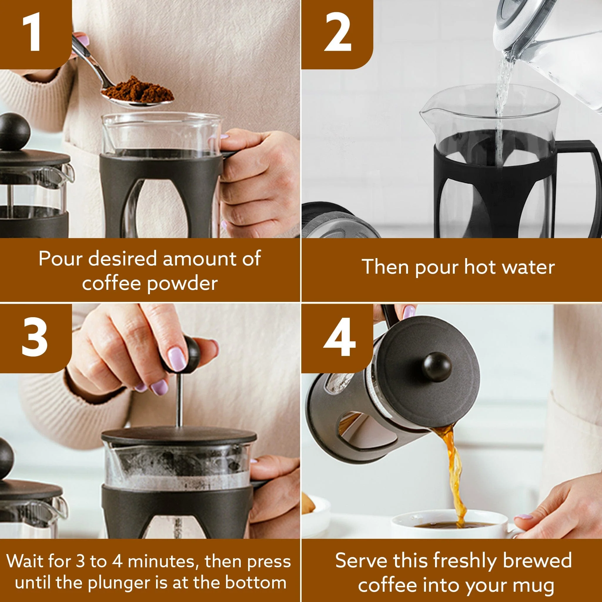 Elite French Press Coffee And Tea Maker, Borosilicate Glass Body With Sleeves, Glass Carafe, BPA Free Plastic Lid Strainer, 600Ml - Image 6