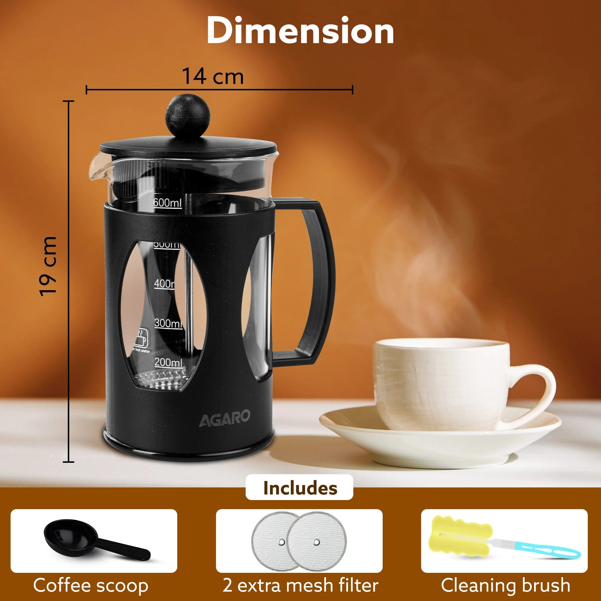 Elite French Press Coffee And Tea Maker, Borosilicate Glass Body With Sleeves, Glass Carafe, BPA Free Plastic Lid Strainer, 600Ml - Image 7