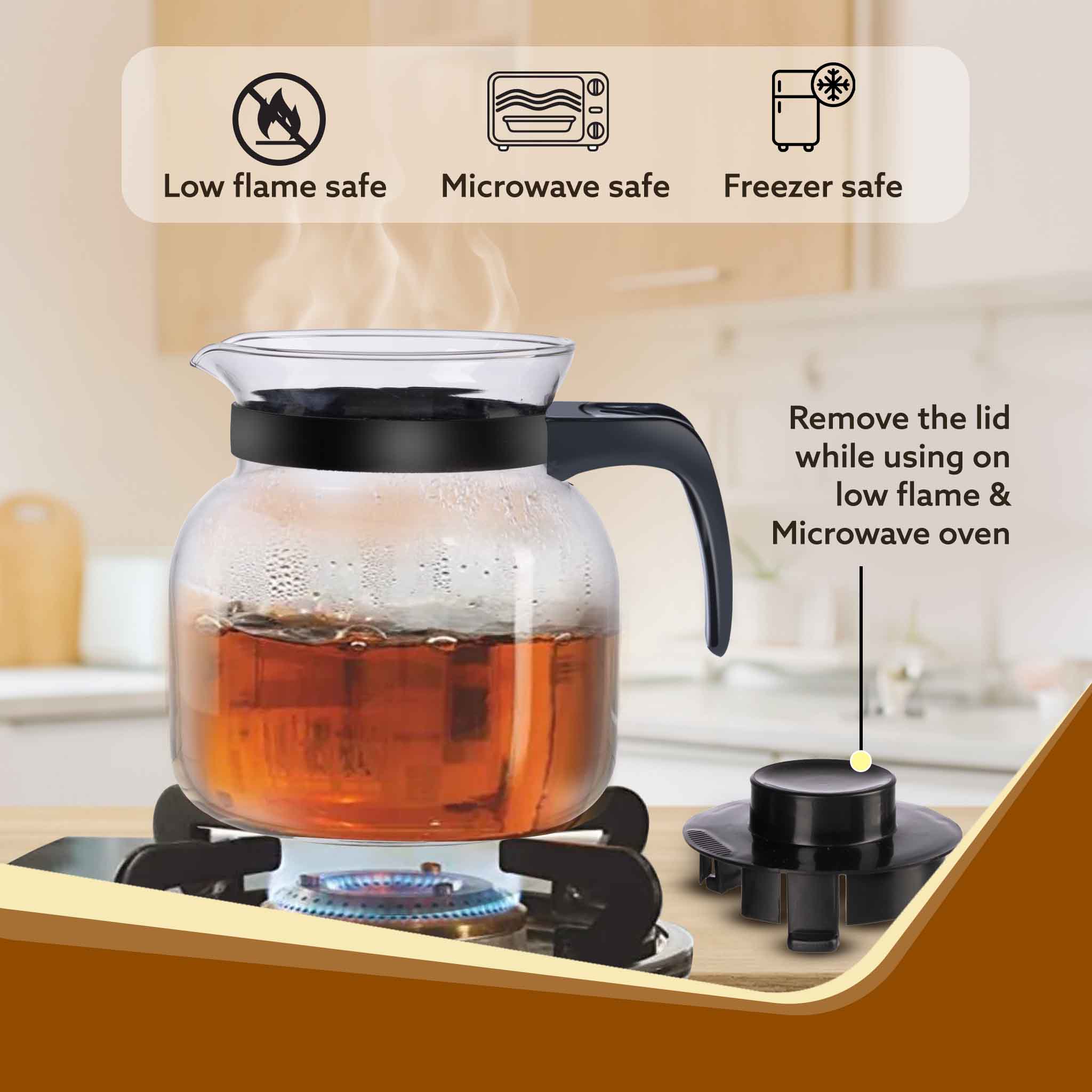 Elite Glass Carafe With Strainer Lid, 1200ml, Glass Kettle, Borosilicate Glass, Microwave Safe, Low Flame Proof, Transparent - Image 5