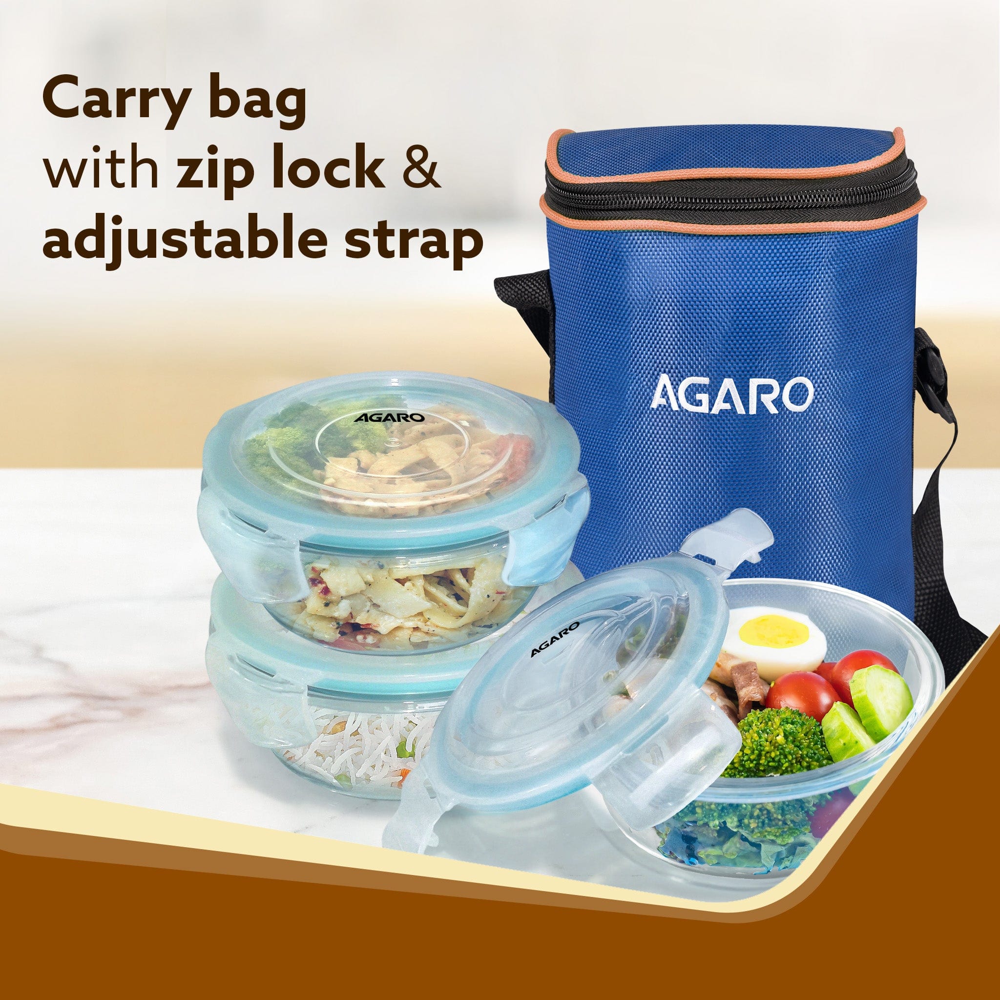 Elite Lunch Box, Set  of 3 With Lunch Bag, Round Shaped, Borosilicate Glass, Leakproof & Airtight Locking Lids, Microwave & Freezer Safe,  Office Lunch Box Set, Transparent, Set of 3 ƒ?? 400ml+400ml +400ml - Image 6