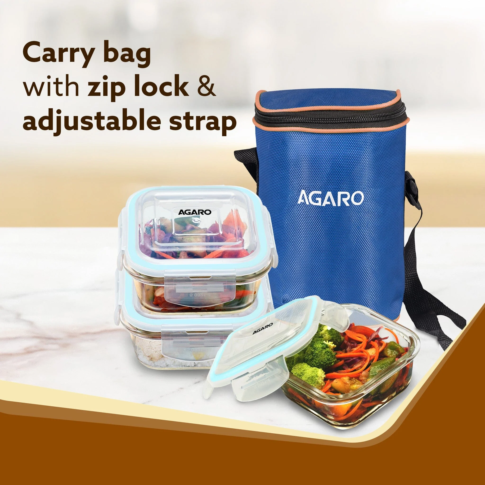 Elite Lunch Box, Set  of 3 With Lunch Bag, Square Shaped, Borosilicate Glass, Leakproof & Airtight Locking Lids, Microwave & Freezer Safe,  Office Lunch Box Set, Transparent, Set of 3 ƒ?? 320ml+320ml +320ml - Image 6