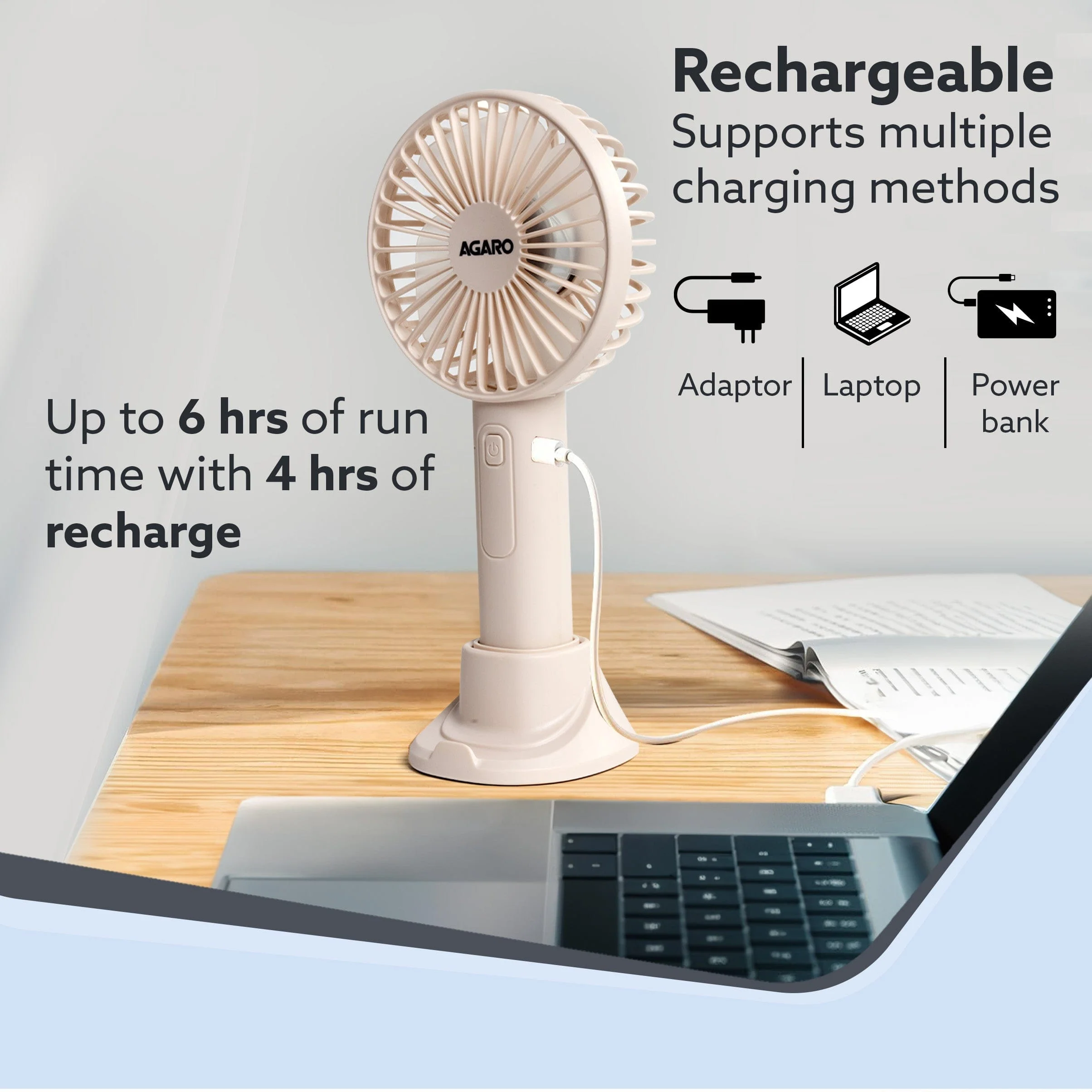 Elite Mini Fan,  4 inches, Rechargeable Lithium-Ion with 2600 mAh Battery, 3 Speed Option, Handheld and Table Dock Fan for Home, Kitchen, Office Desk, High Speed, Pink - Image 3