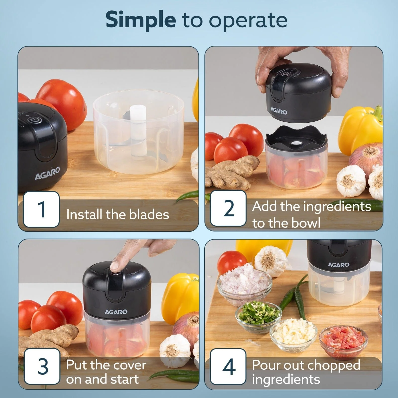 Elite Rechargeable Mini Electric Chopper, Food Grade Bowl, Stainless Steel Blades, Rechargeable, One Touch Operation, for Chopping Garlic, Ginger, Onion, Vegetable, Nuts, 250 Ml, Black - Image 4