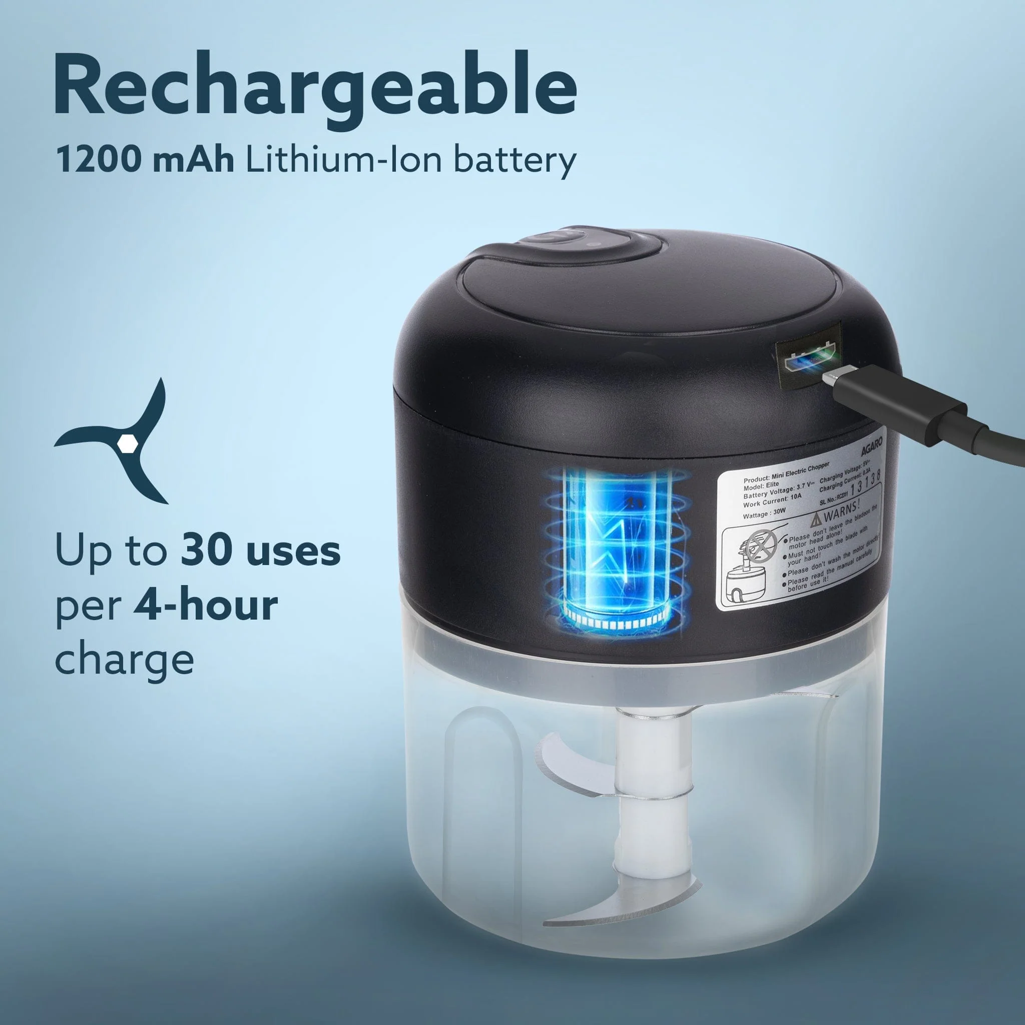 Elite Rechargeable Mini Electric Chopper, Food Grade Bowl, Stainless Steel Blades, Rechargeable, One Touch Operation, for Chopping Garlic, Ginger, Onion, Vegetable, Nuts, 250 Ml, Black - Image 6
