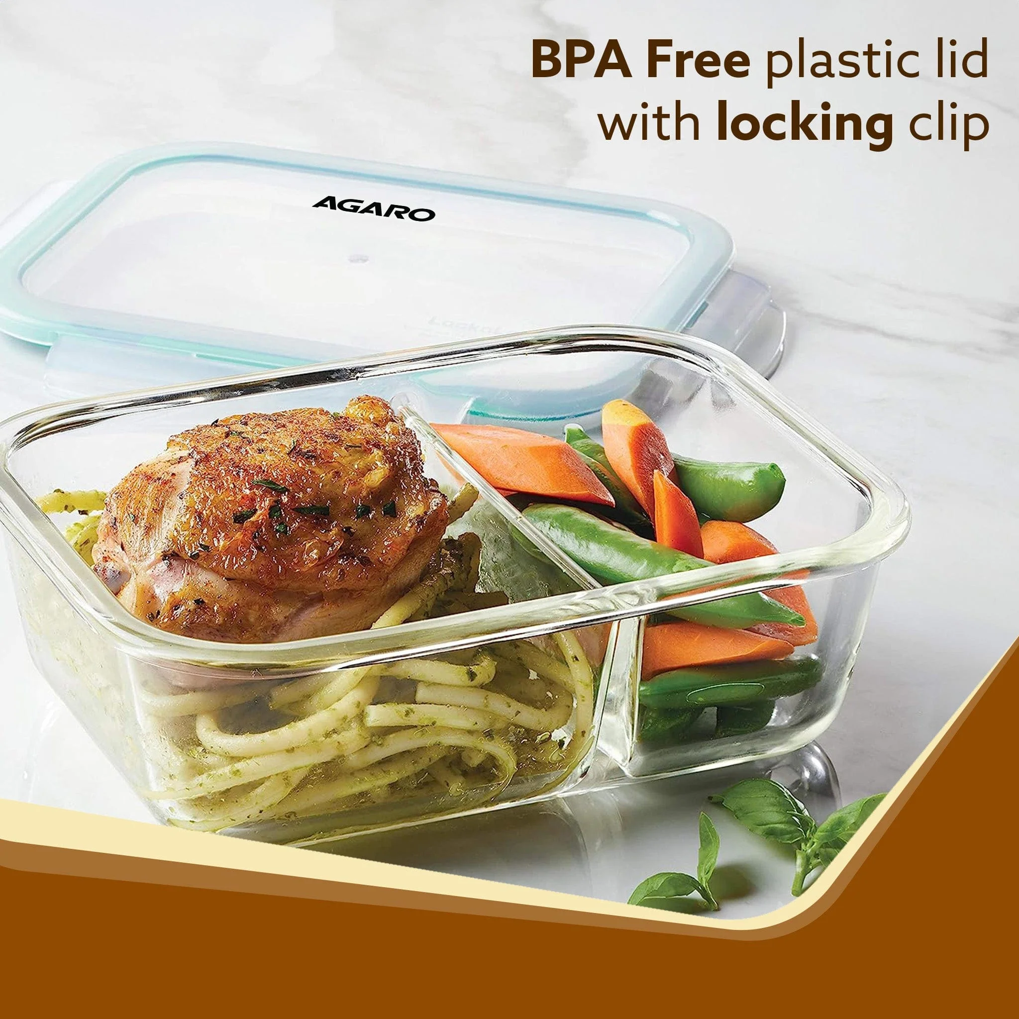 Elite Two Compartment Lunch Container, Borosilicate Glass Body, Leak proof Locking  Lid, , Airtight Tiffin Containers, Microwave Oven Safe, 600Ml, Transparent - Image 3