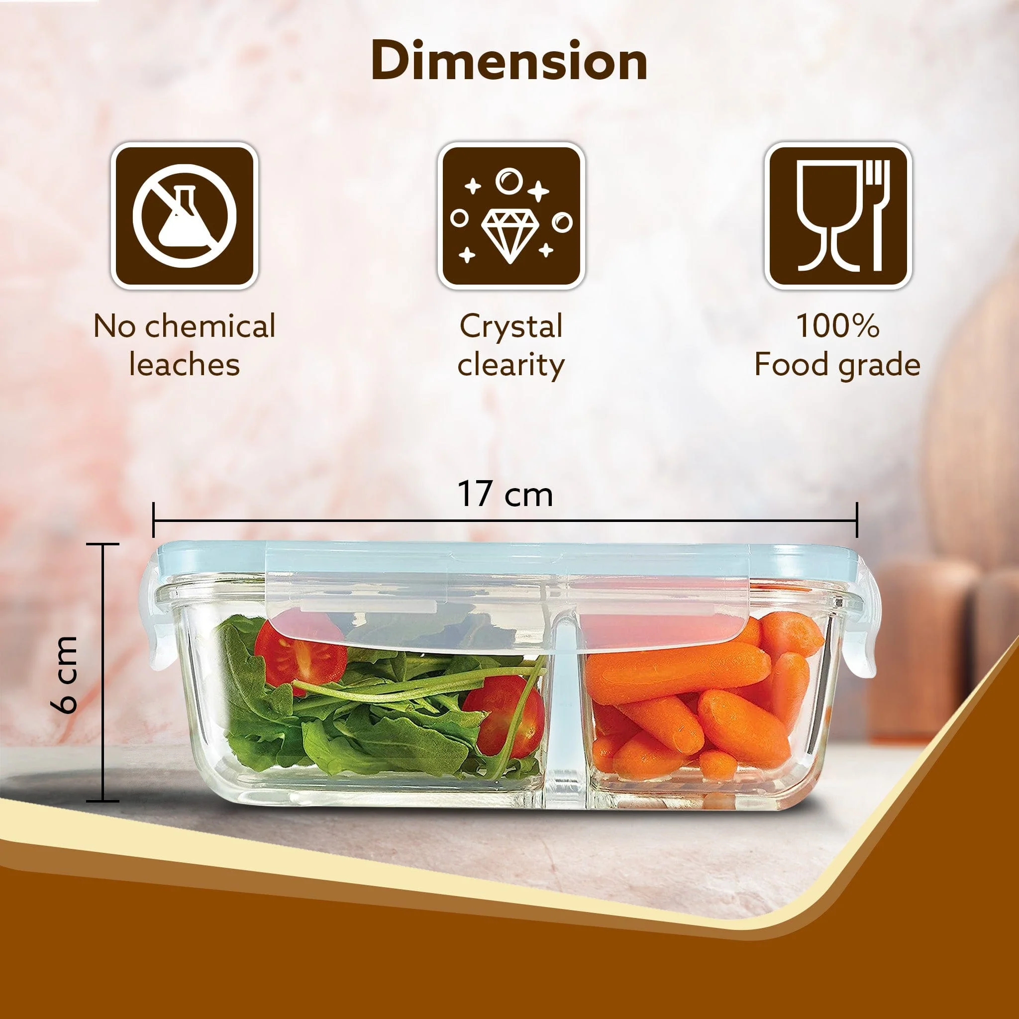 Elite Two Compartment Lunch Container, Borosilicate Glass Body, Leak proof Locking  Lid, , Airtight Tiffin Containers, Microwave Oven Safe, 600Ml, Transparent - Image 5