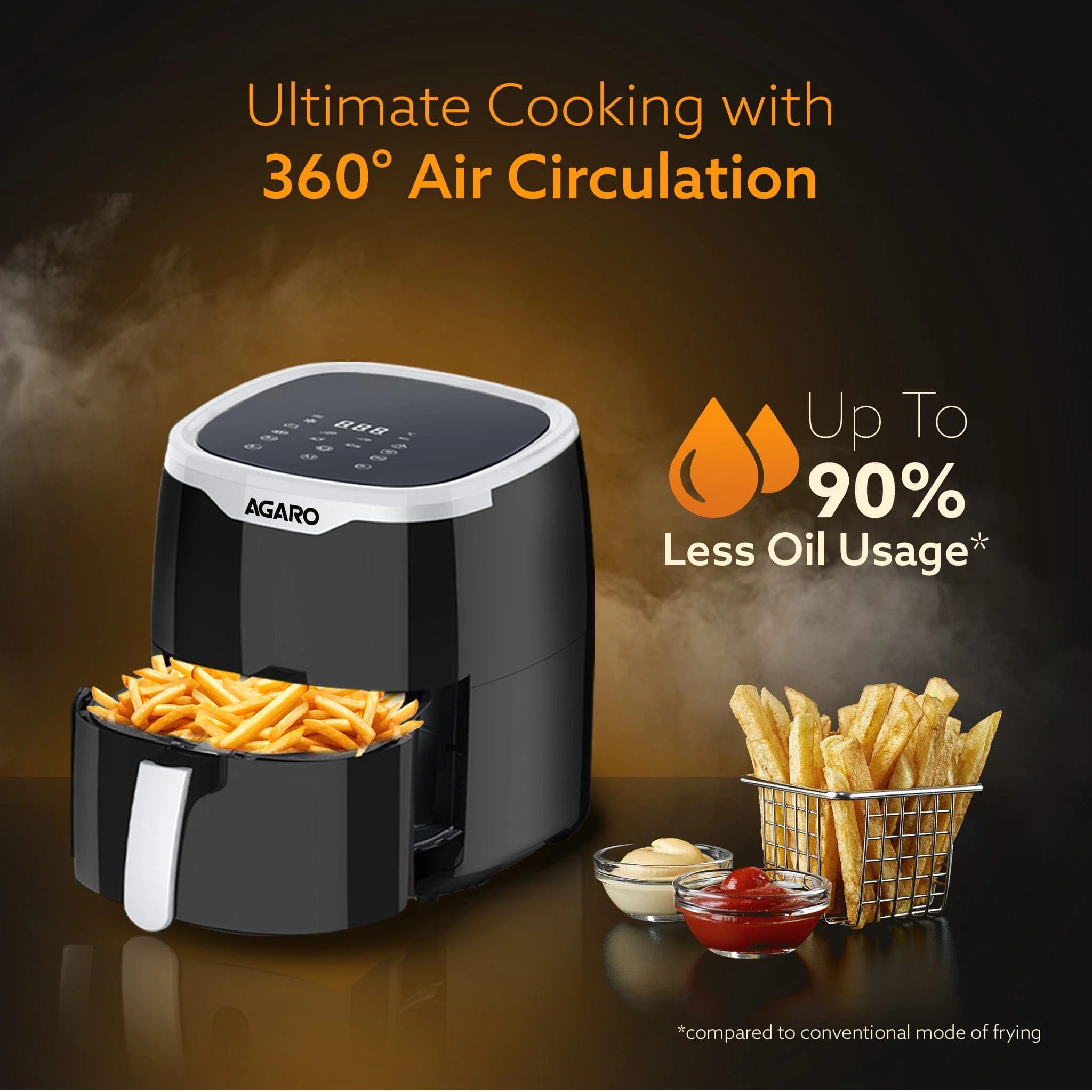 Galaxy Digital Air Fryer For Home, 4.5L, Electric Air Fryer, Convection Oven, 1400W, 7 Preset Programs & Reheat, 360 Degrees Air Circulation, Digital Touch Display, Bake, Roast, Toast, Black - Image 3