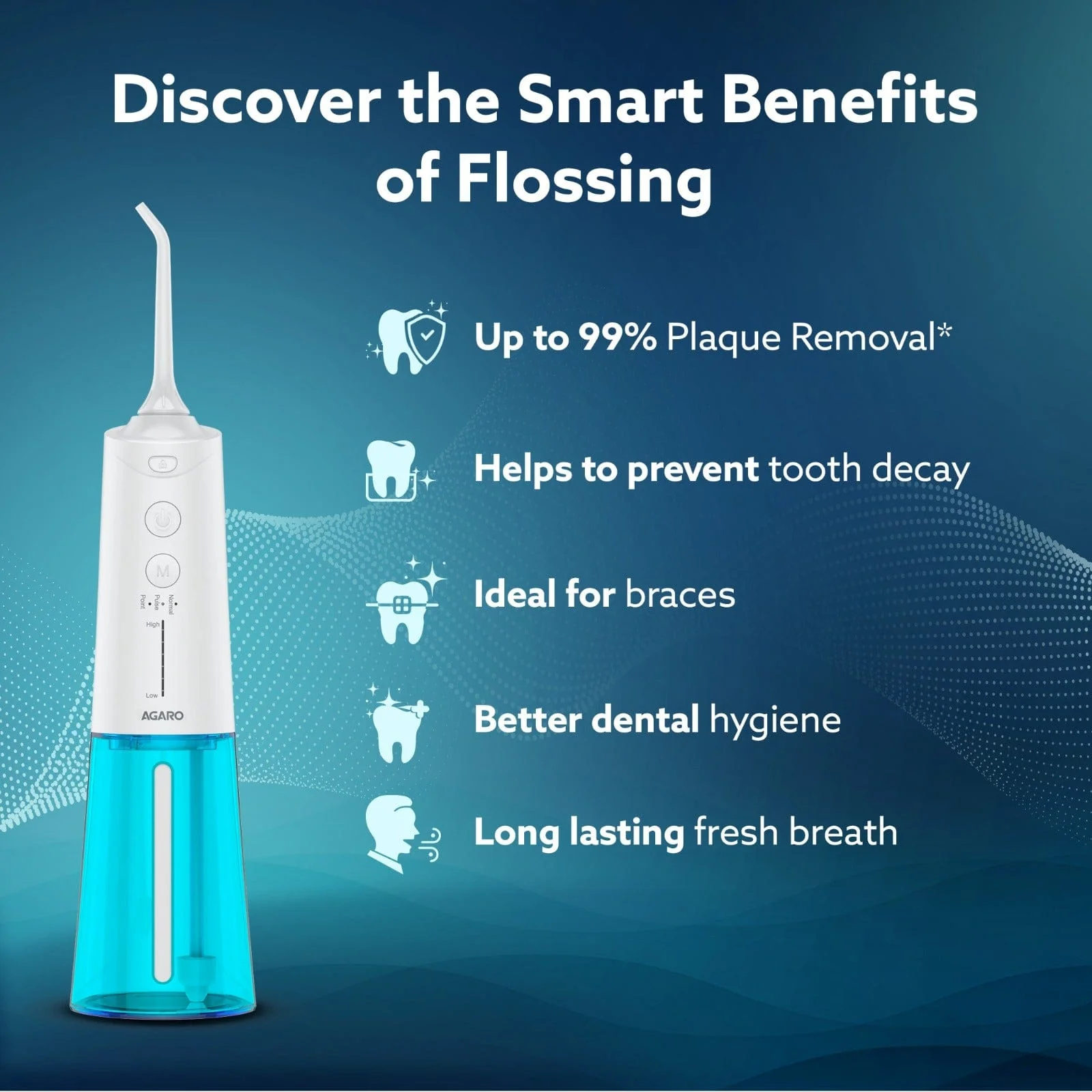 Galaxy Oral Irrigator, Portable, Cordless, Rechargeable, 3 Cleaning Modes, 6 Pressure Levels in Each Mode, IPX7 Waterproof, 230ml Water tank, Flossing at Home & Travel, White & Blue - Image 3
