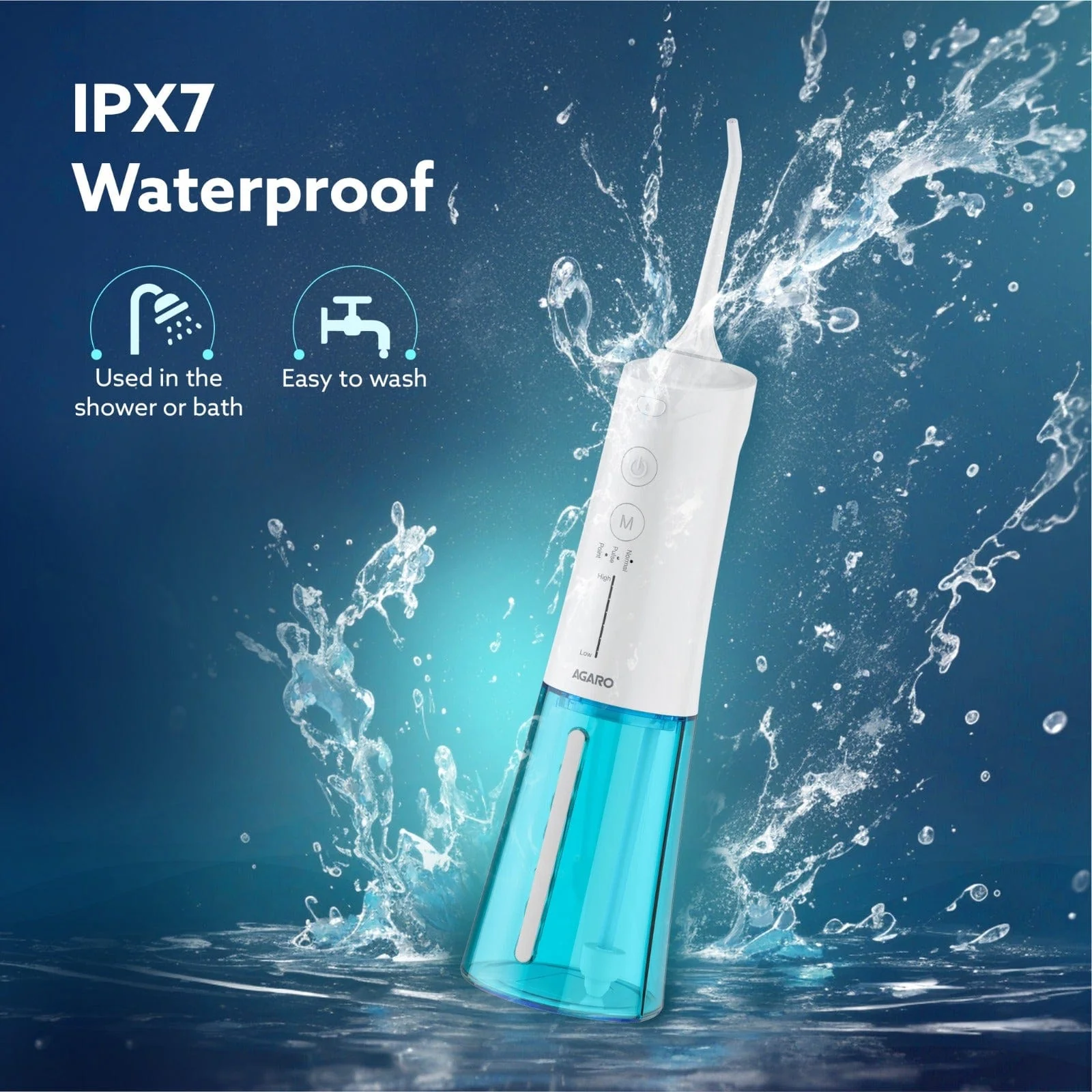 Galaxy Oral Irrigator, Portable, Cordless, Rechargeable, 3 Cleaning Modes, 6 Pressure Levels in Each Mode, IPX7 Waterproof, 230ml Water tank, Flossing at Home & Travel, White & Blue - Image 5