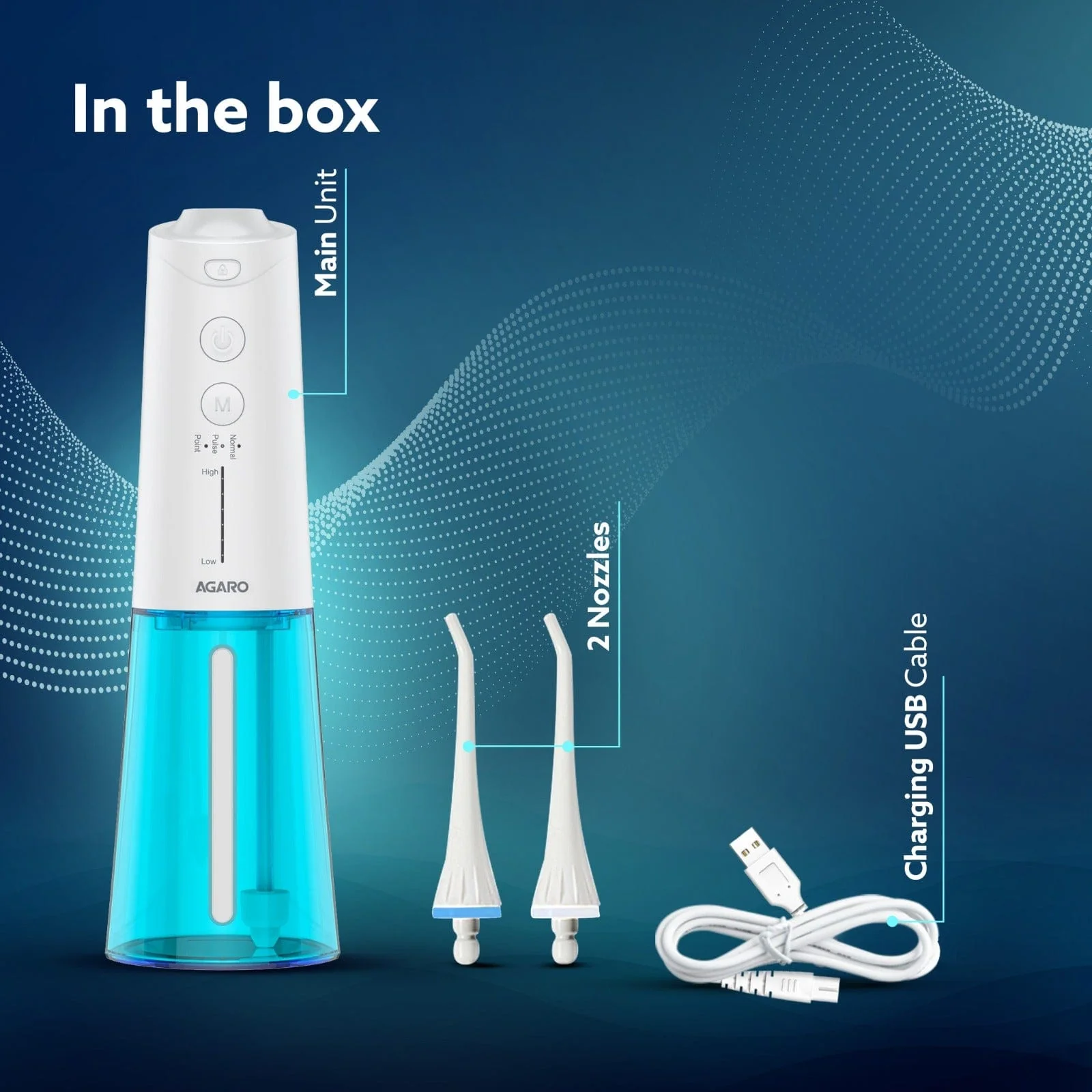 Galaxy Oral Irrigator, Portable, Cordless, Rechargeable, 3 Cleaning Modes, 6 Pressure Levels in Each Mode, IPX7 Waterproof, 230ml Water tank, Flossing at Home & Travel, White & Blue - Image 6