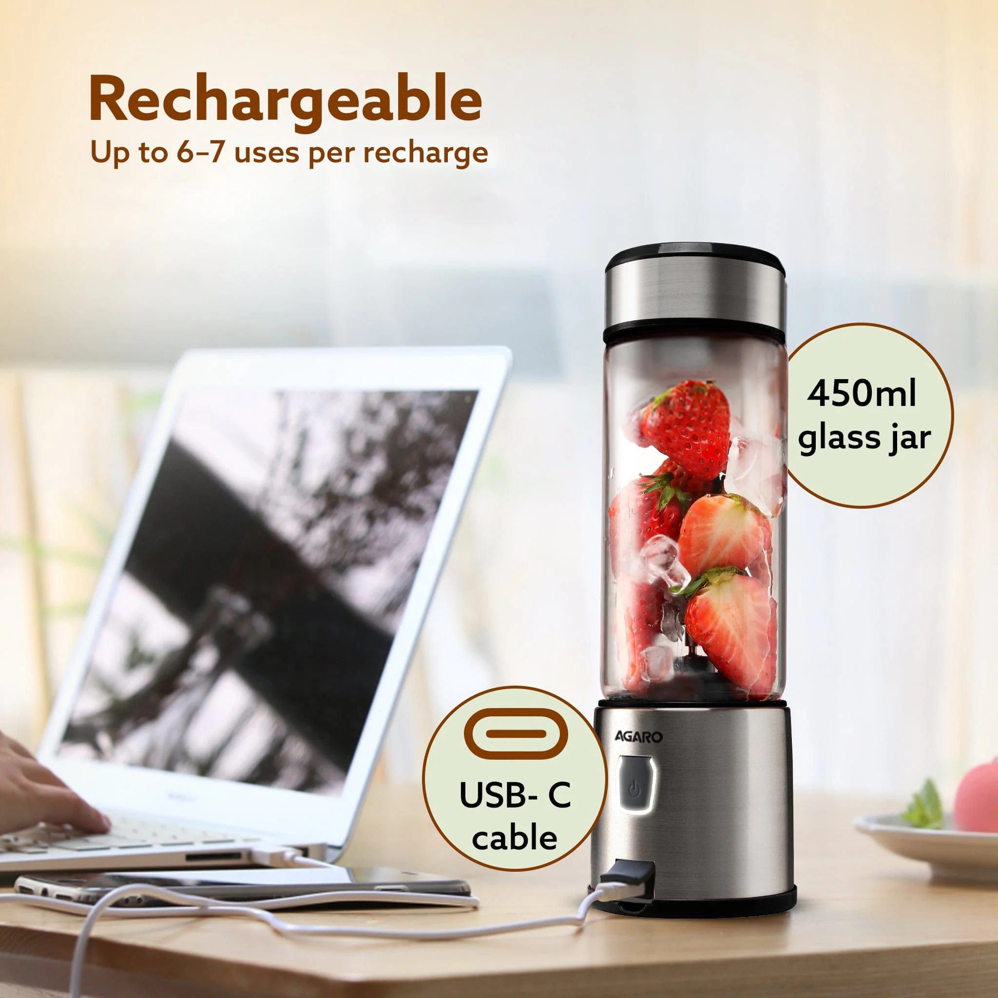 Galaxy Portable Blender, For Smoothie And Juices, Portable Hand Blender For Kitchen, USB Rechargeable Fruit Juicer Machine, 6 Sharp SS Blade, 450ml BPA Free Food Grade Jar - Image 3