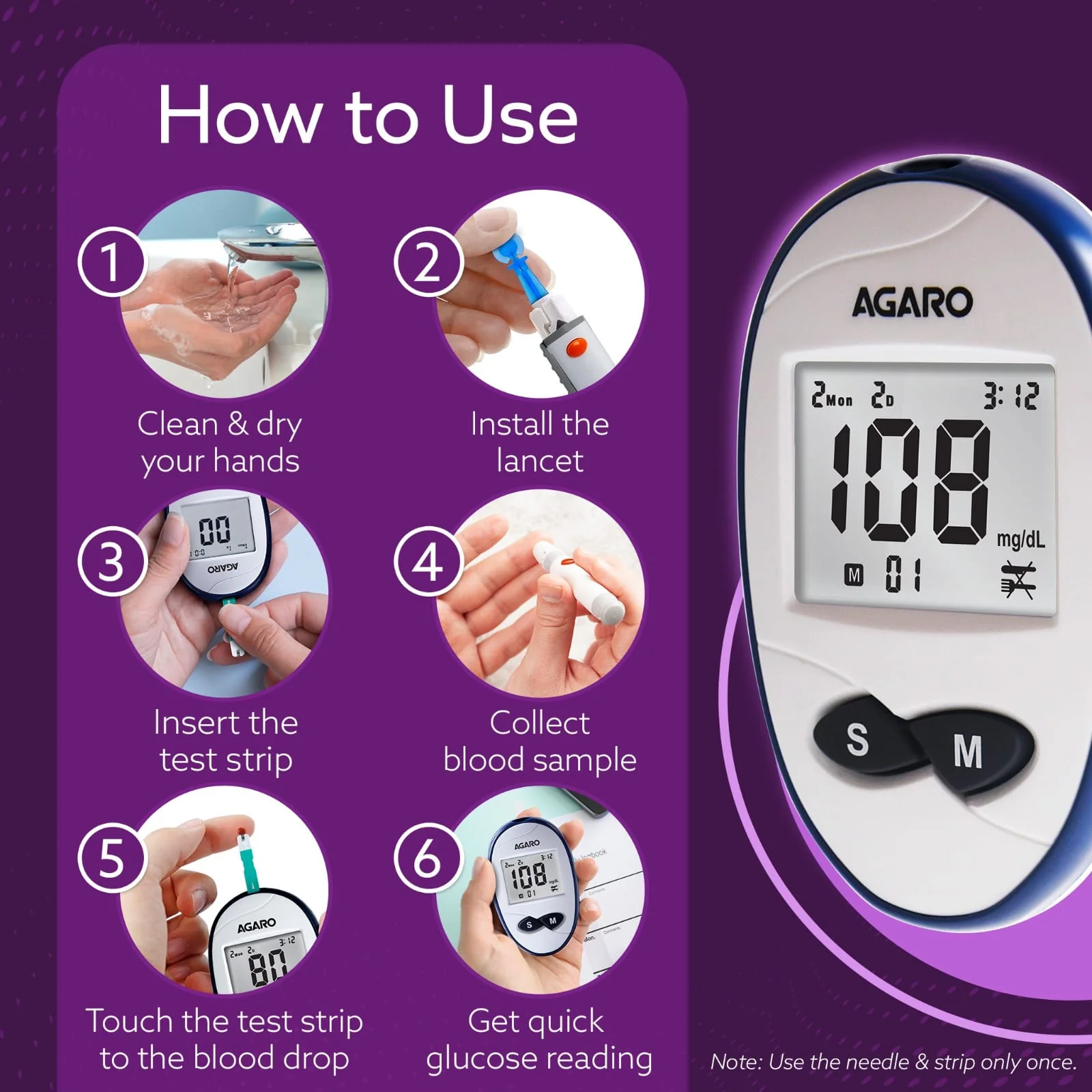 AGARO Glucometer, Blood Glucose Monitoring System with 10pcs Strips & Lancets, Glucometer Machine, Instant Blood Sugar Test at Home, Fast Blood Sugar Testing Device, Simple & Accurate, GLM-76 - Image 3