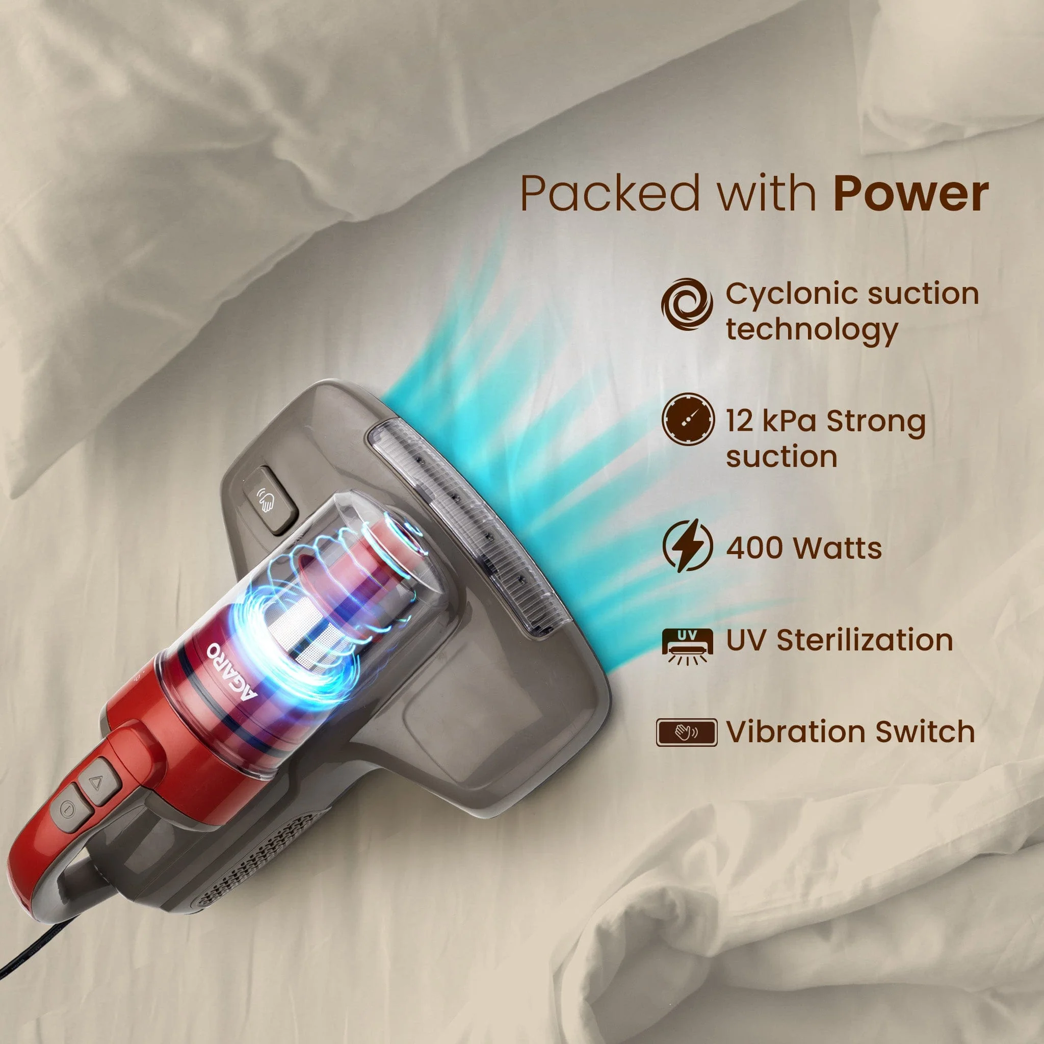 Grand Bed Vacuum Cleaner, Cyclonic Technology for Dust Collection, UV Light Sterilization, 12kPa Suction Power, Suitable for Bed, Sofa, Pillow and Other Fabric Surfaces, Grey & Black - Image 3