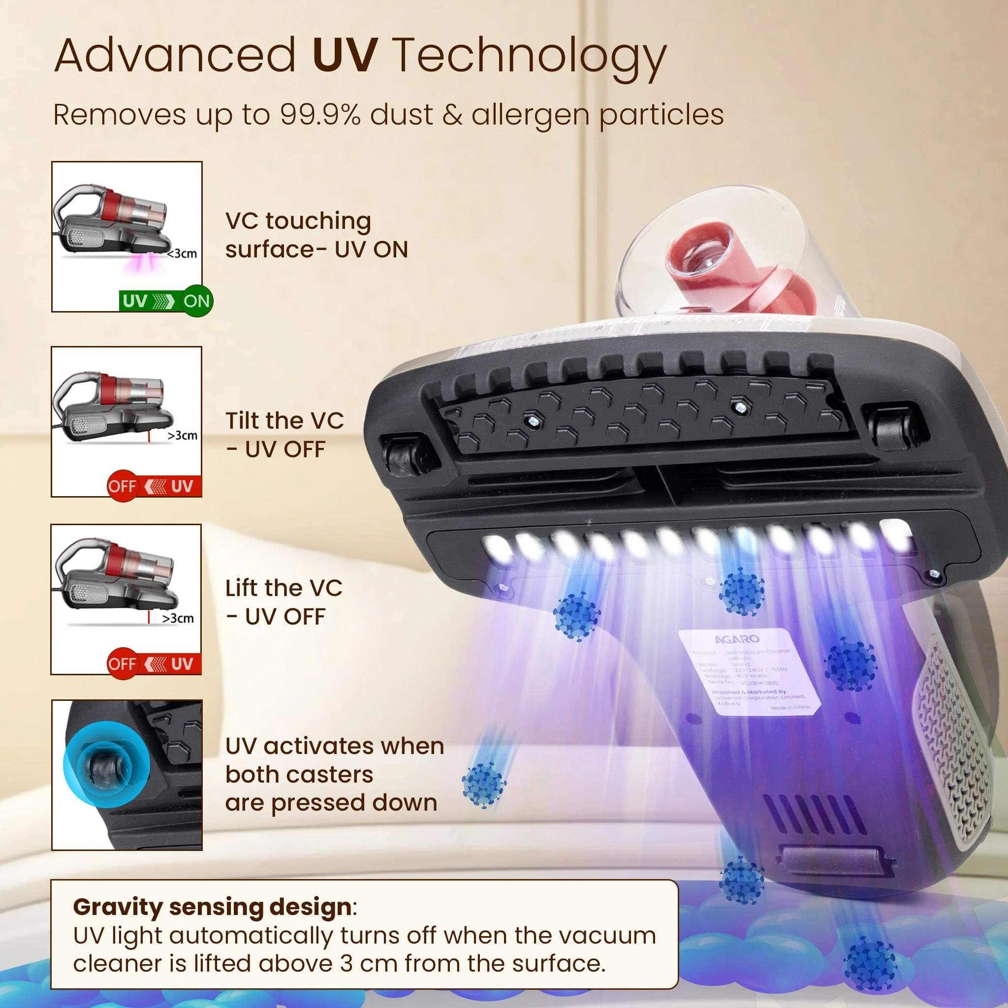 Grand Bed Vacuum Cleaner, Cyclonic Technology for Dust Collection, UV Light Sterilization, 12kPa Suction Power, Suitable for Bed, Sofa, Pillow and Other Fabric Surfaces, Grey & Black - Image 5