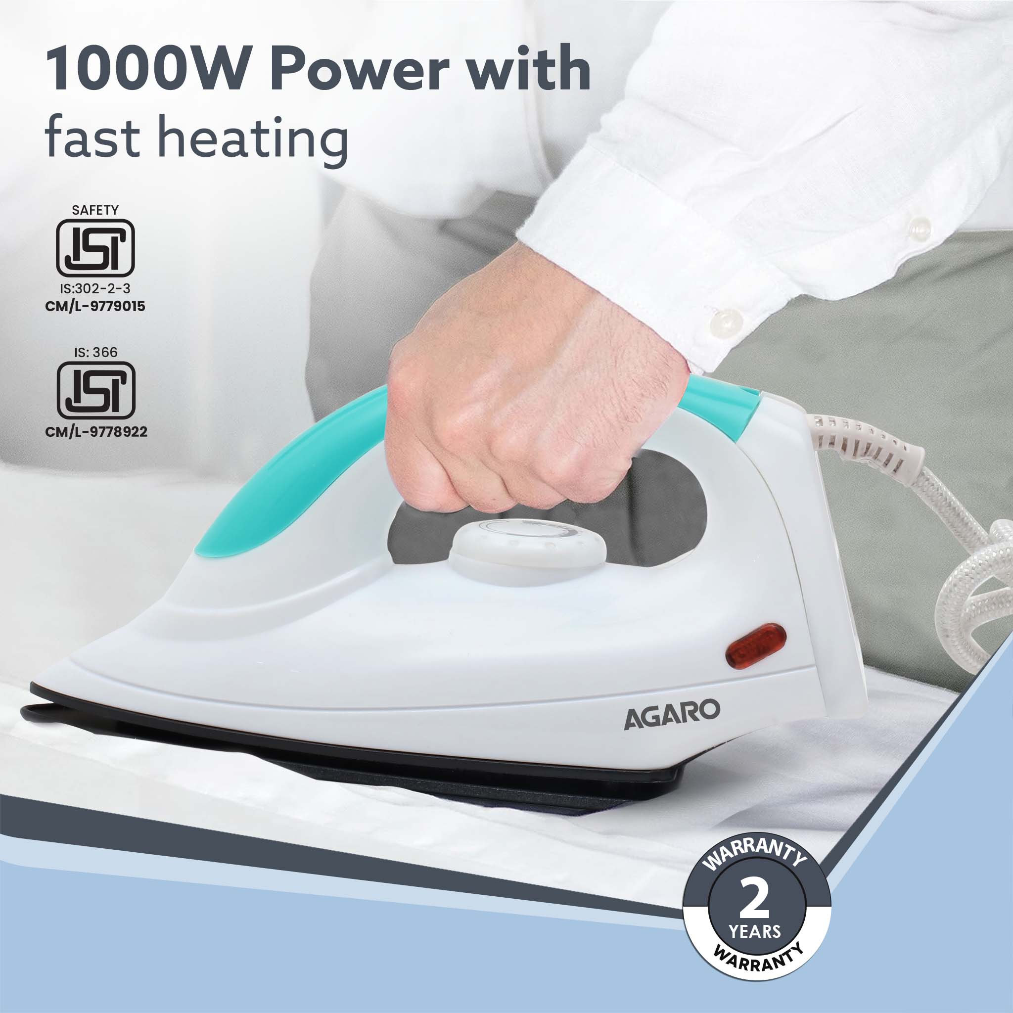 Grand Electric Dry Iron, 1000W, Non- Stick Coated Sole Plate, Fast Heating, Removes Wrinkle, Creases, Green & White - Image 6