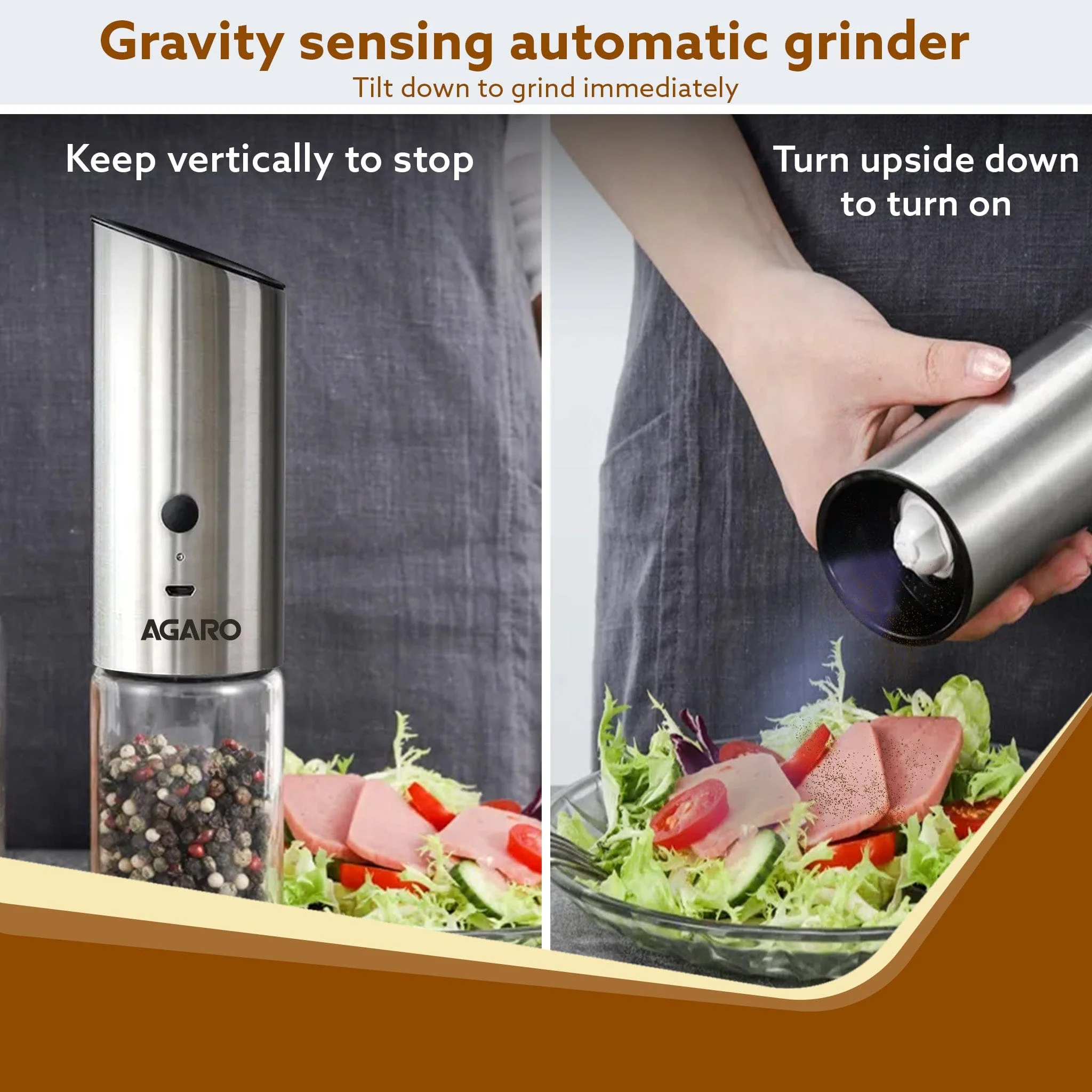 Gravity Salt & Pepper Automatic Grinder, Refillable, Adjustable Coarseness, Gravity Electric Salt Pepper Mill & Shaker, Rechargeable, Stainless Steel - Image 3