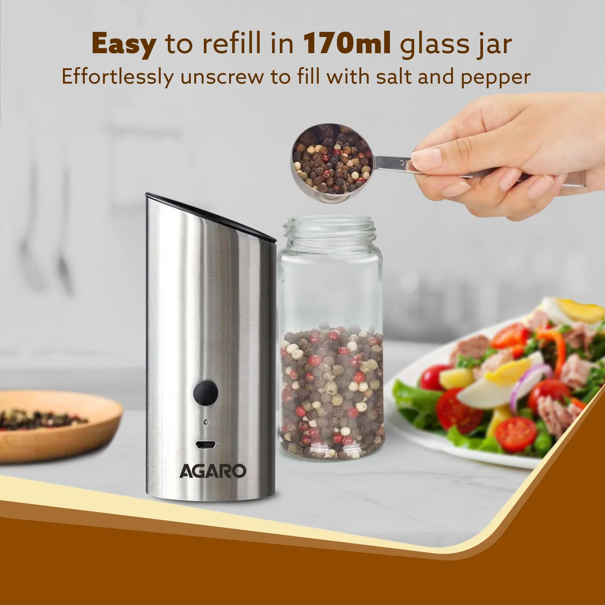 Gravity Salt & Pepper Automatic Grinder, Refillable, Adjustable Coarseness, Gravity Electric Salt Pepper Mill & Shaker, Rechargeable, Stainless Steel - Image 4