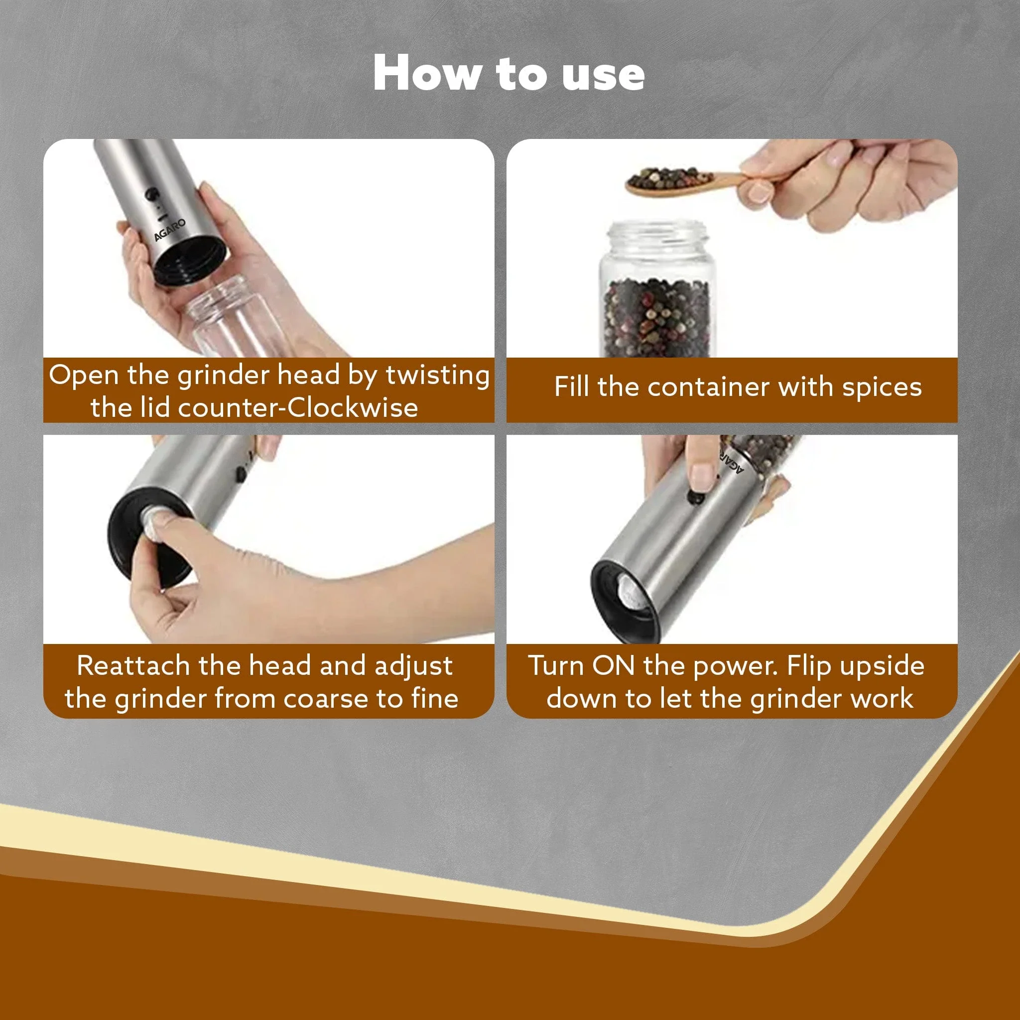 Gravity Salt & Pepper Automatic Grinder, Refillable, Adjustable Coarseness, Gravity Electric Salt Pepper Mill & Shaker, Rechargeable, Stainless Steel - Image 5