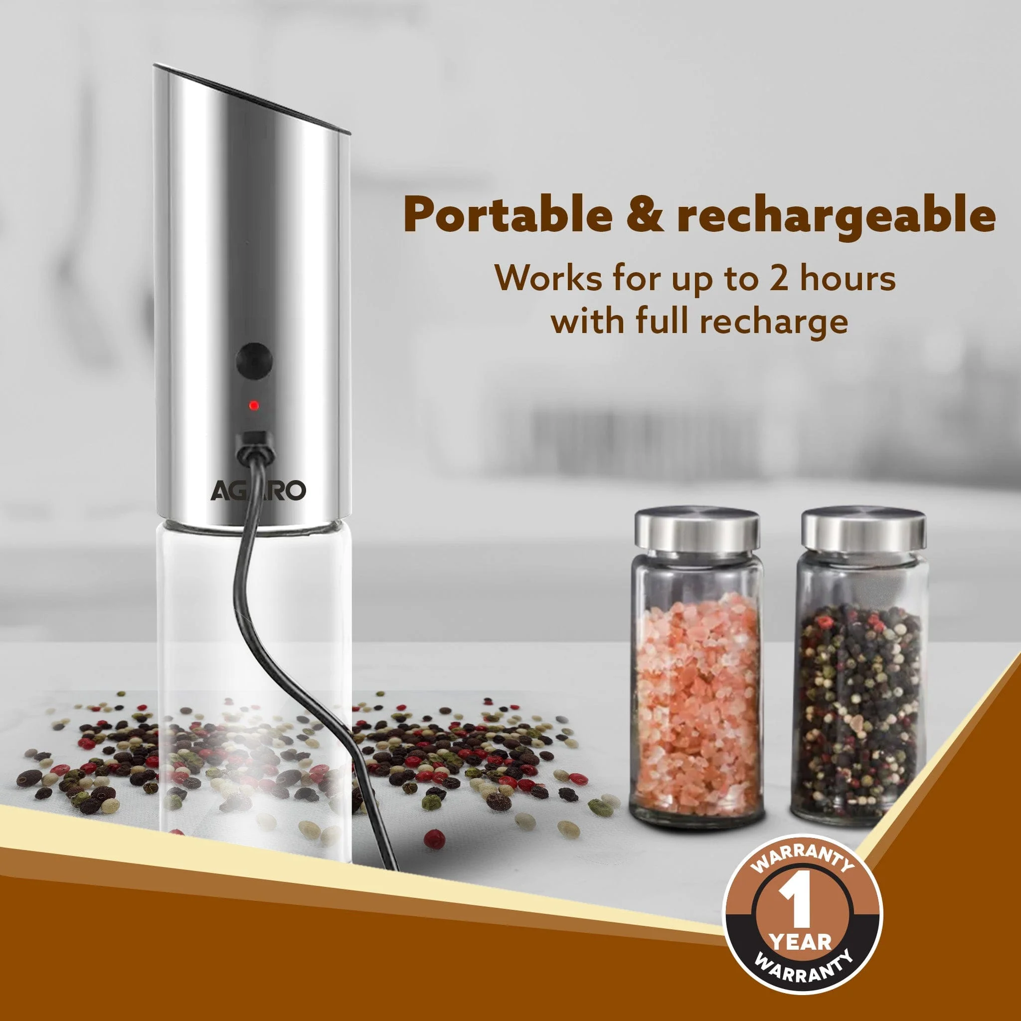 Gravity Salt & Pepper Automatic Grinder, Refillable, Adjustable Coarseness, Gravity Electric Salt Pepper Mill & Shaker, Rechargeable, Stainless Steel - Image 6
