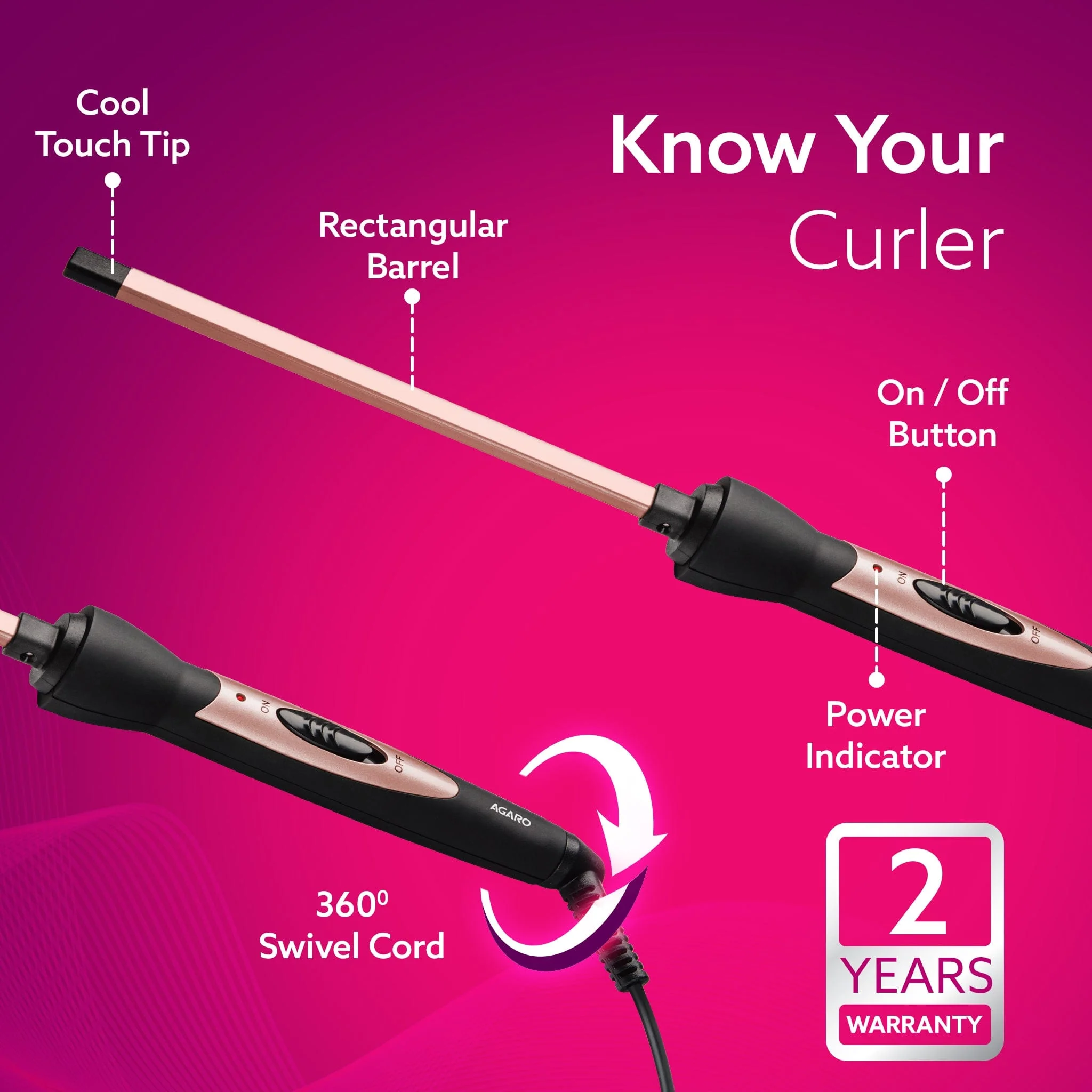 HC9007 Hair Curler With 7 MM Barrel, Rod, Tong, Chopstick Rectangular Hair Curler, Ceramic Coated Plates, Cool Touch Tip, Fast Heating, For Men Women, Maggie Curl, Hair Curling, Styling, Rose Gold & Black - Image 5