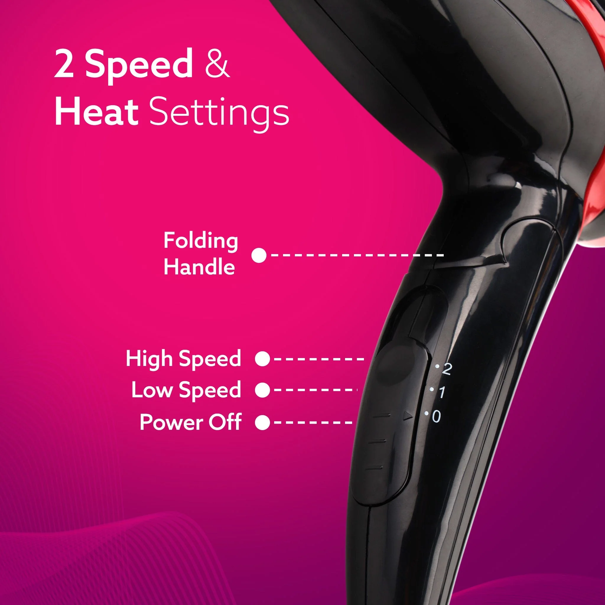 HD1177 Hair Dryer with 1000 Watts Copper Motor, 2 Speed & Temperature Settings, Foldable Handle, For both Men & Women, Black & Red - Image 3