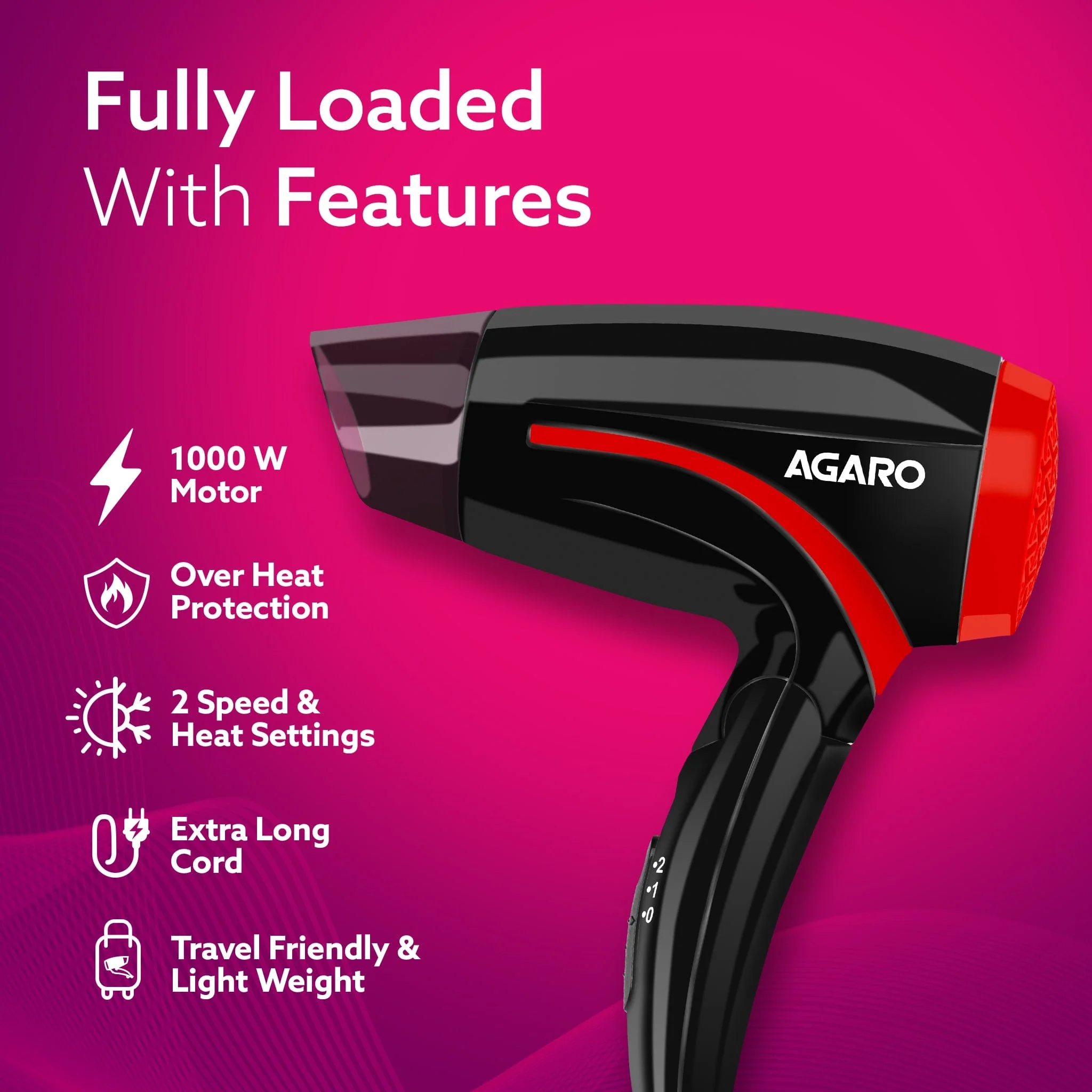 HD1177 Hair Dryer with 1000 Watts Copper Motor, 2 Speed & Temperature Settings, Foldable Handle, For both Men & Women, Black & Red - Image 5