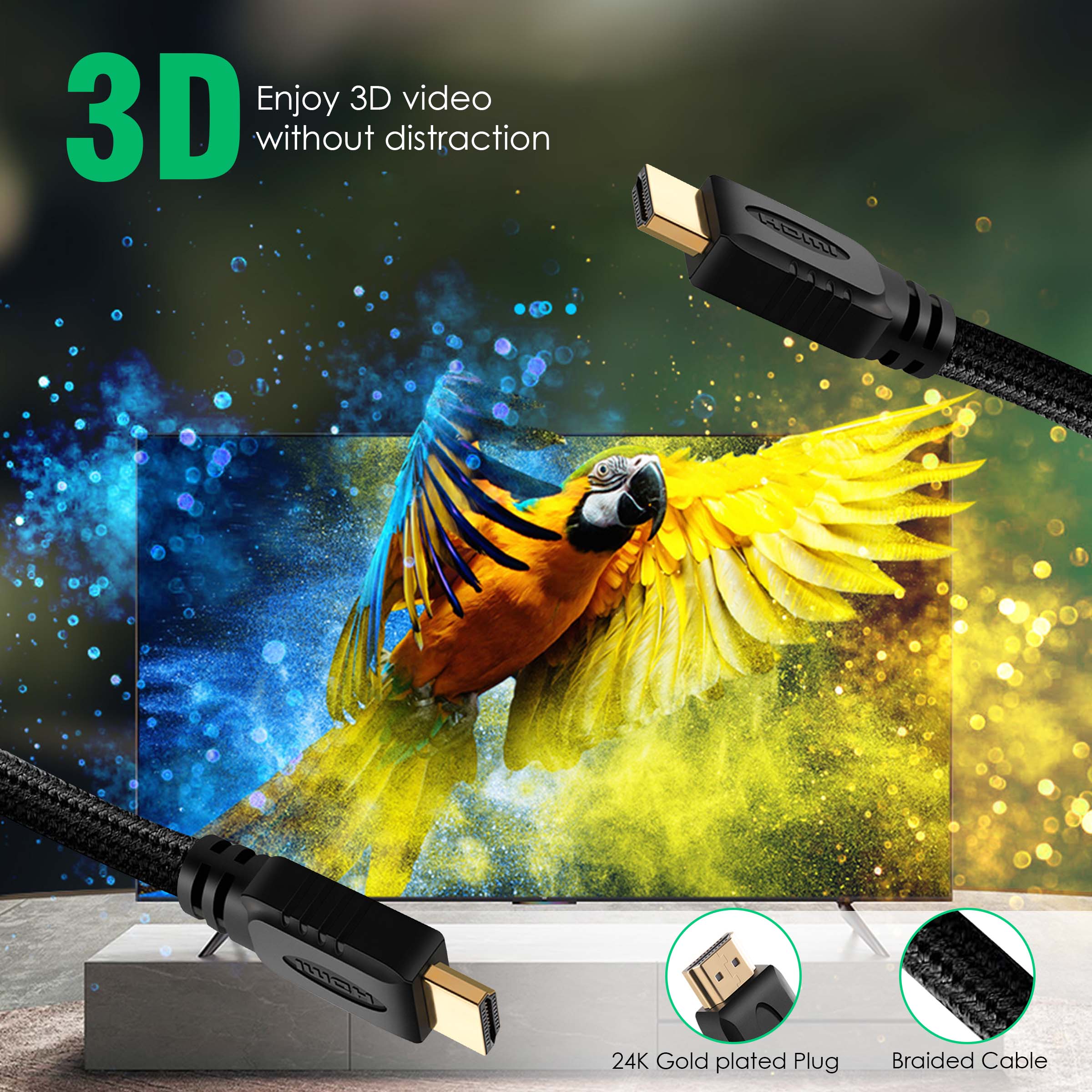 AGARO HDMI to HDMI Cable 2 Meters, HDMI 2.0, Premium High Speed, 18Gbps 4K@60Hz Support HDR, 3D, ARC, HDCP 2.2, Cotton Braided HDMI Cord for PS5/PS4/Xbox/Apple TV/Projector - Image 3