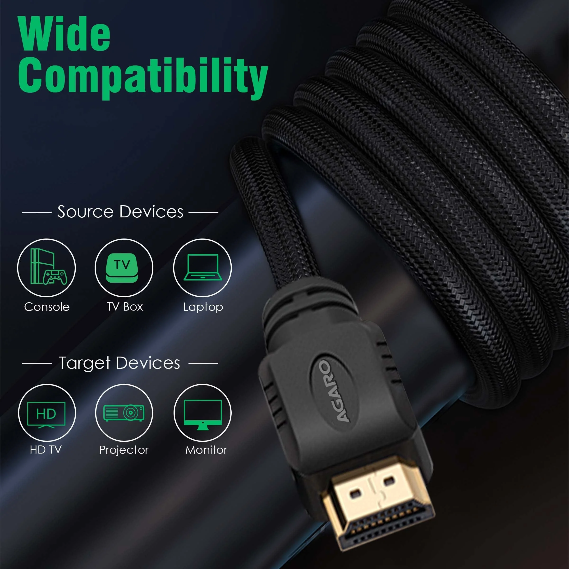 AGARO HDMI to HDMI Cable 2 Meters, HDMI 2.0, Premium High Speed, 18Gbps 4K@60Hz Support HDR, 3D, ARC, HDCP 2.2, Cotton Braided HDMI Cord for PS5/PS4/Xbox/Apple TV/Projector - Image 6
