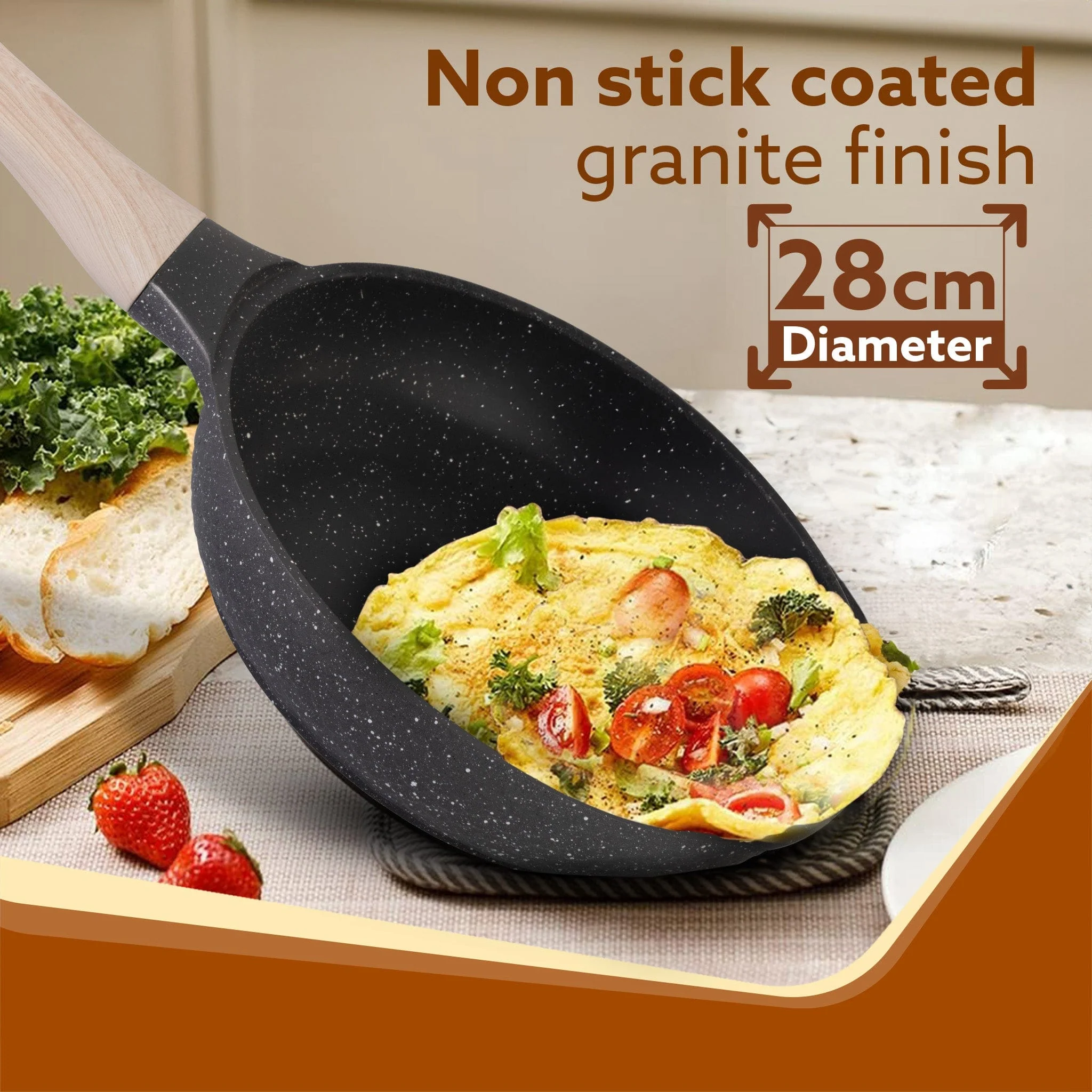 Imperial Granite Non Stick Fry Pan with Glass Lid, 3L / 28cm, Cast Aluminium Body, Omelette Egg Pan, Fish Fry Pan, Gas & Induction Compatible, Dark Grey - Image 2