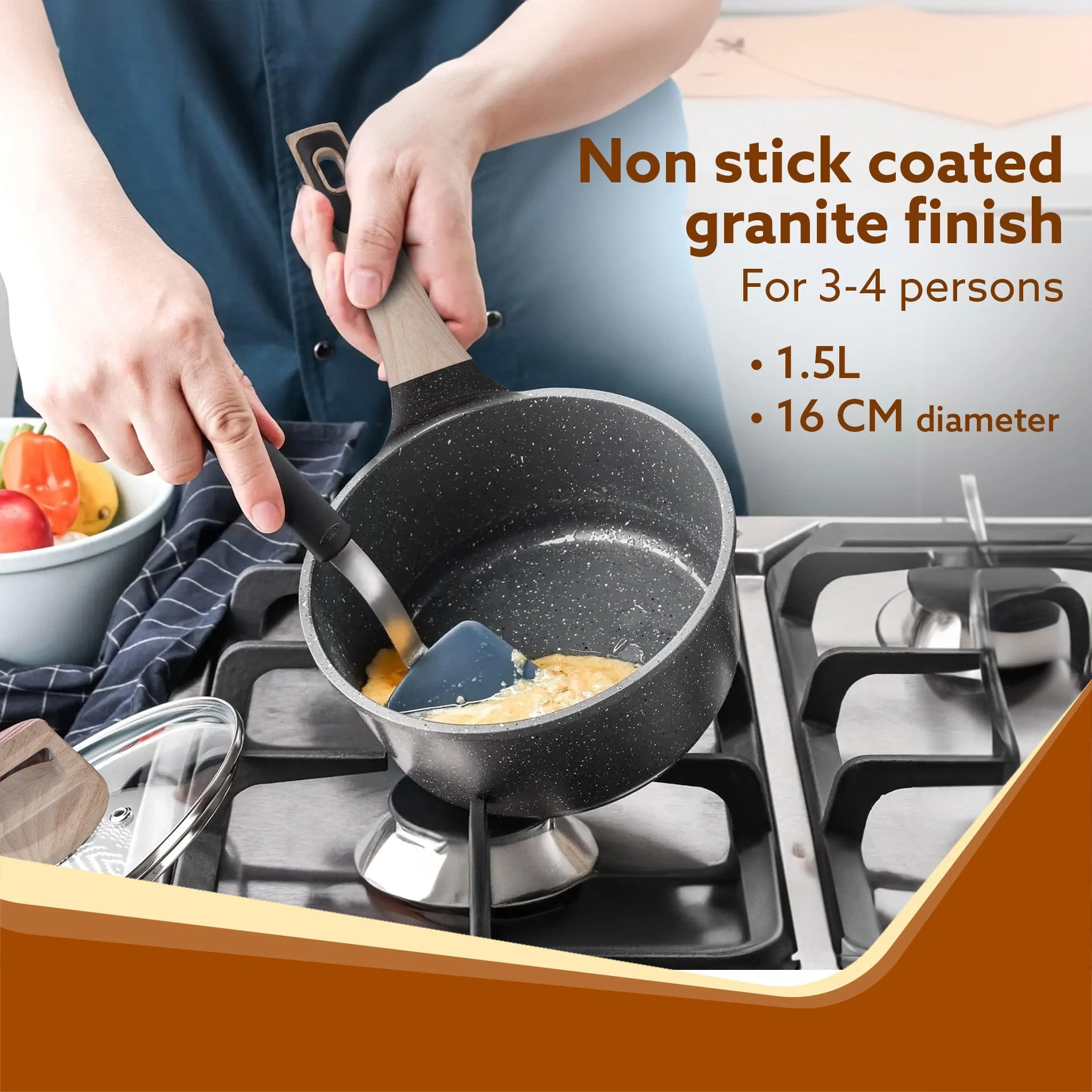 Imperial Granite Non Stick Sauce pan with Glass Lid, 1.5L / 16cm, Cast Aluminium Body, Tea Pan, Milk Pan, Soup Pan, Gas & Induction Compatible, Dark Grey - Image 2