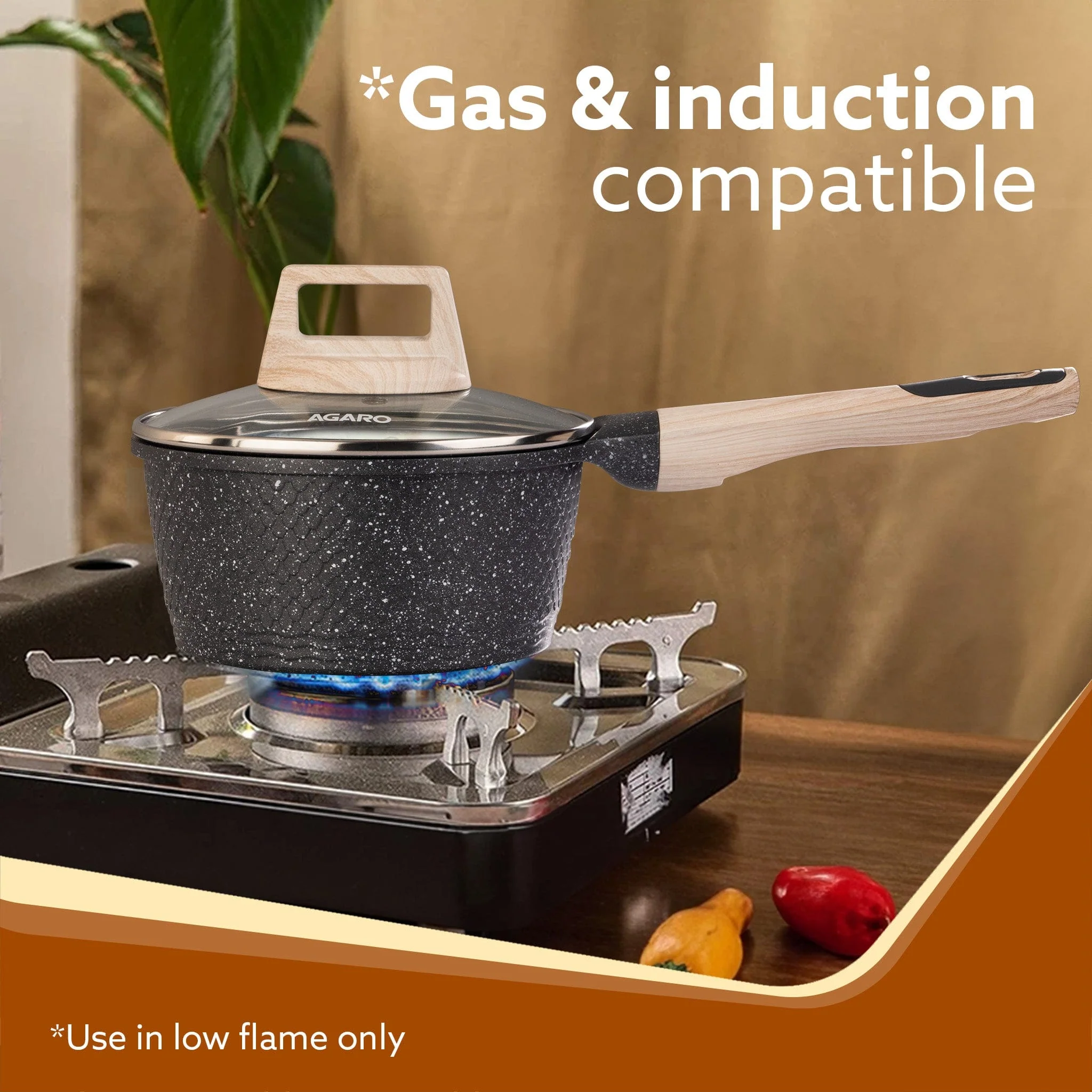 Imperial Granite Non Stick Sauce pan with Glass Lid, 1.5L / 16cm, Cast Aluminium Body, Tea Pan, Milk Pan, Soup Pan, Gas & Induction Compatible, Dark Grey - Image 4