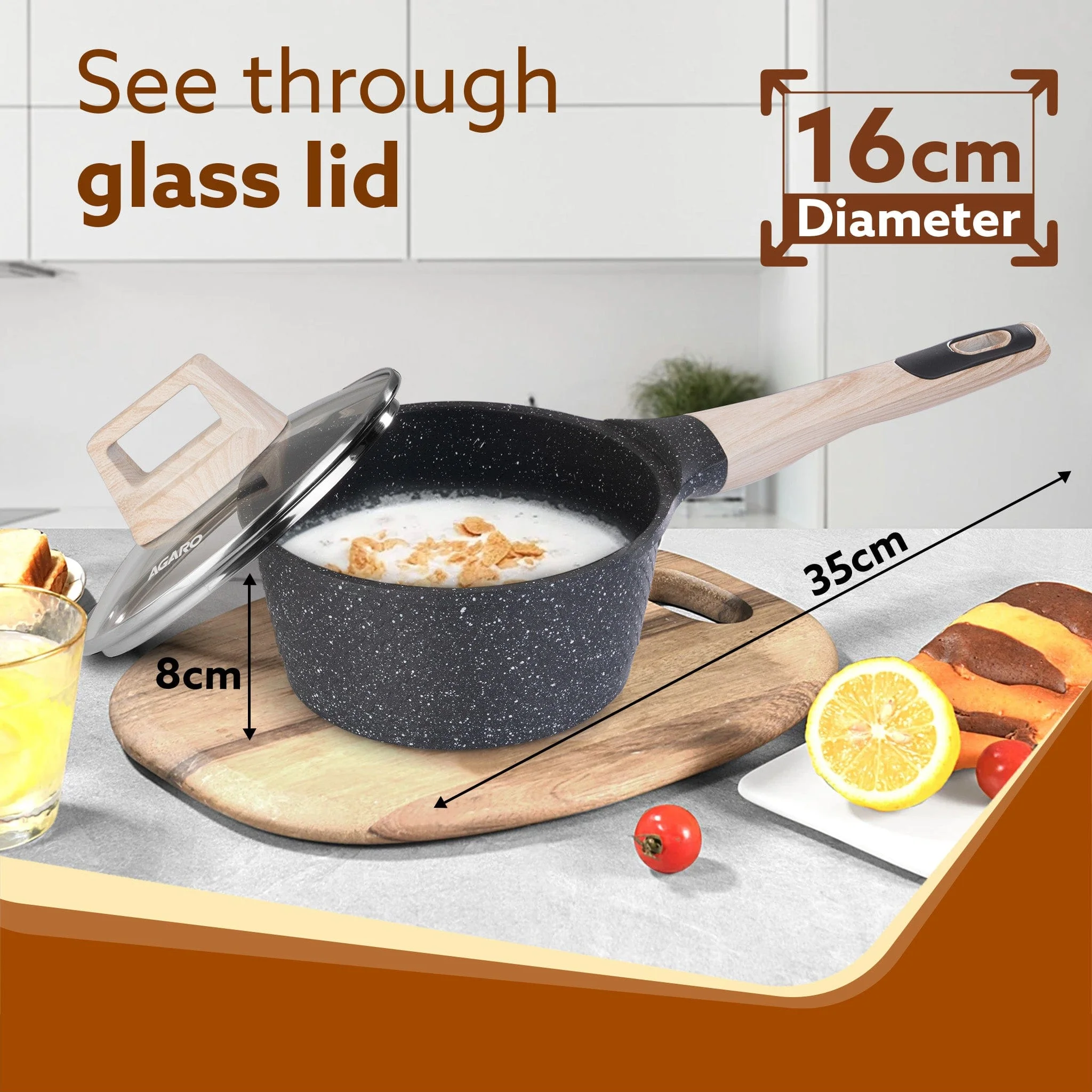 Imperial Granite Non Stick Sauce pan with Glass Lid, 1.5L / 16cm, Cast Aluminium Body, Tea Pan, Milk Pan, Soup Pan, Gas & Induction Compatible, Dark Grey - Image 5