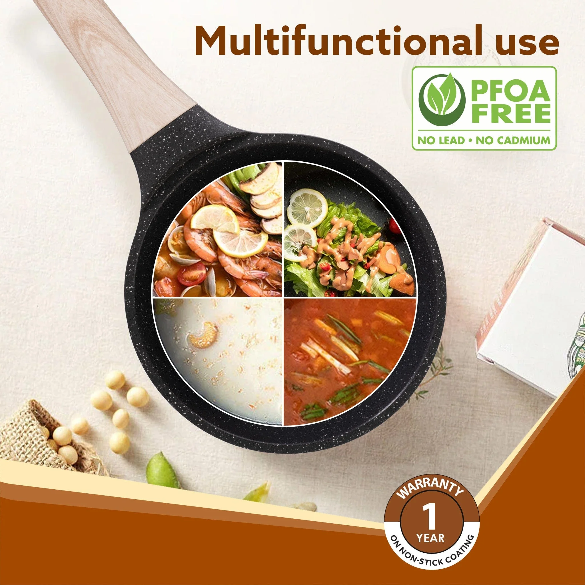 Imperial Granite Non Stick Sauce pan with Glass Lid, 1.5L / 16cm, Cast Aluminium Body, Tea Pan, Milk Pan, Soup Pan, Gas & Induction Compatible, Dark Grey - Image 6