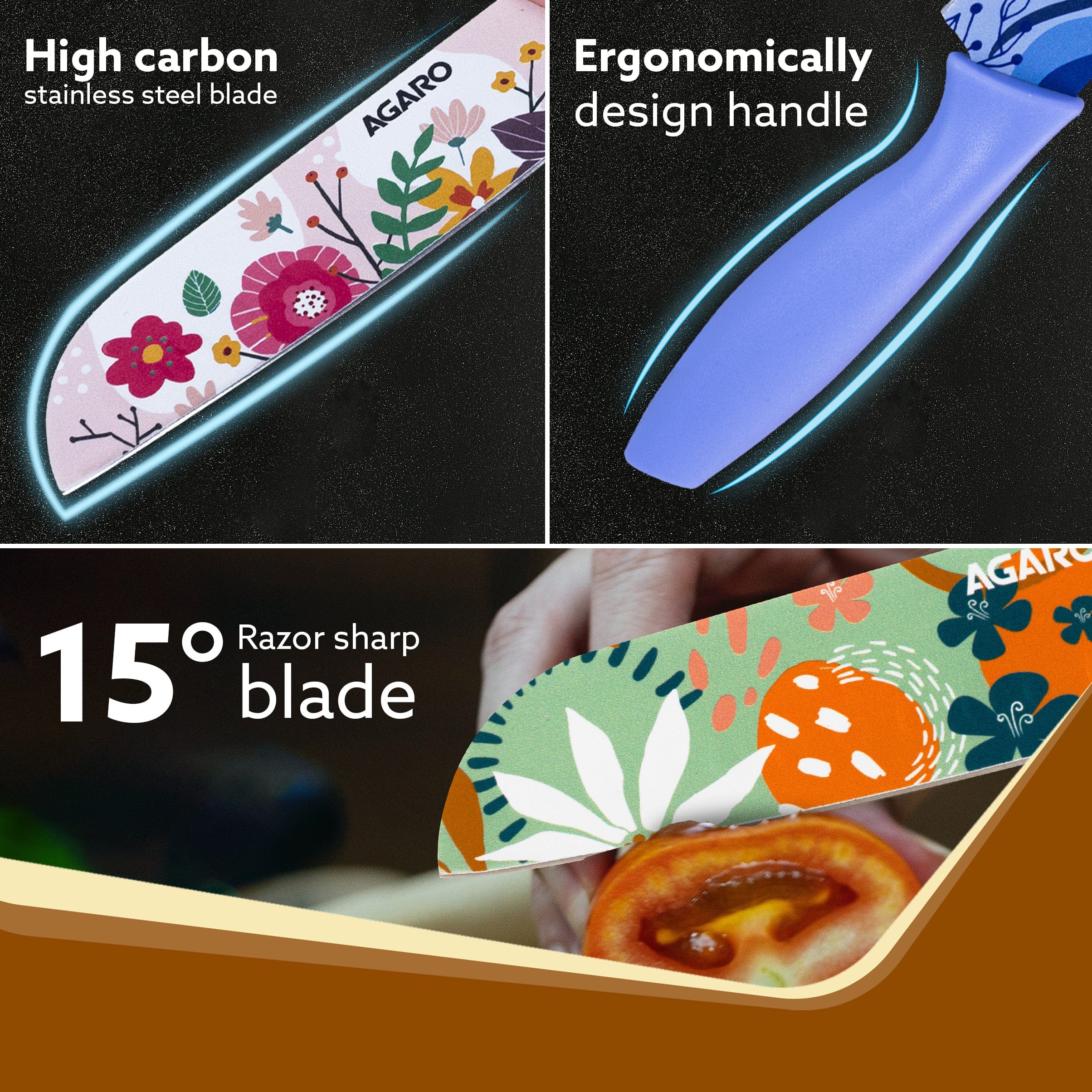 Printed Knife Set, Stainless Steel Knife for Kitchen Use, Set of 3 (Blue, Green, Pink) - Image 4