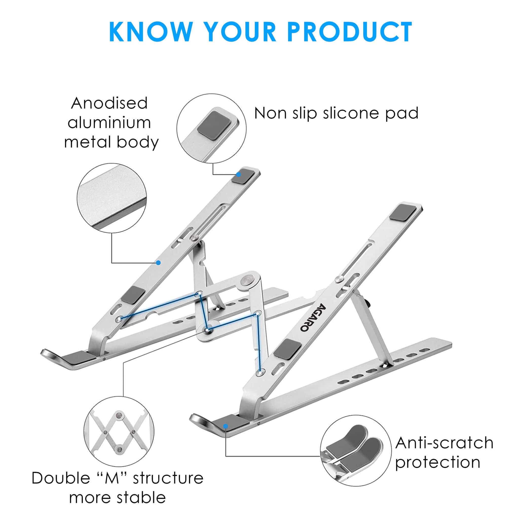 AGARO LS1821 Foldable Laptop Stand, 7 Adjustable Levels, Non Slip Silicone Pads, Aluminium Built, Laptop, Tablet, Books (Silver) - Image 3