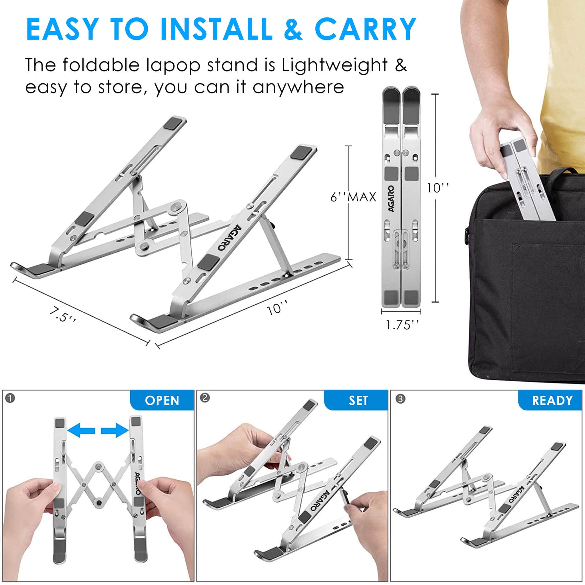 AGARO LS1821 Foldable Laptop Stand, 7 Adjustable Levels, Non Slip Silicone Pads, Aluminium Built, Laptop, Tablet, Books (Silver) - Image 5