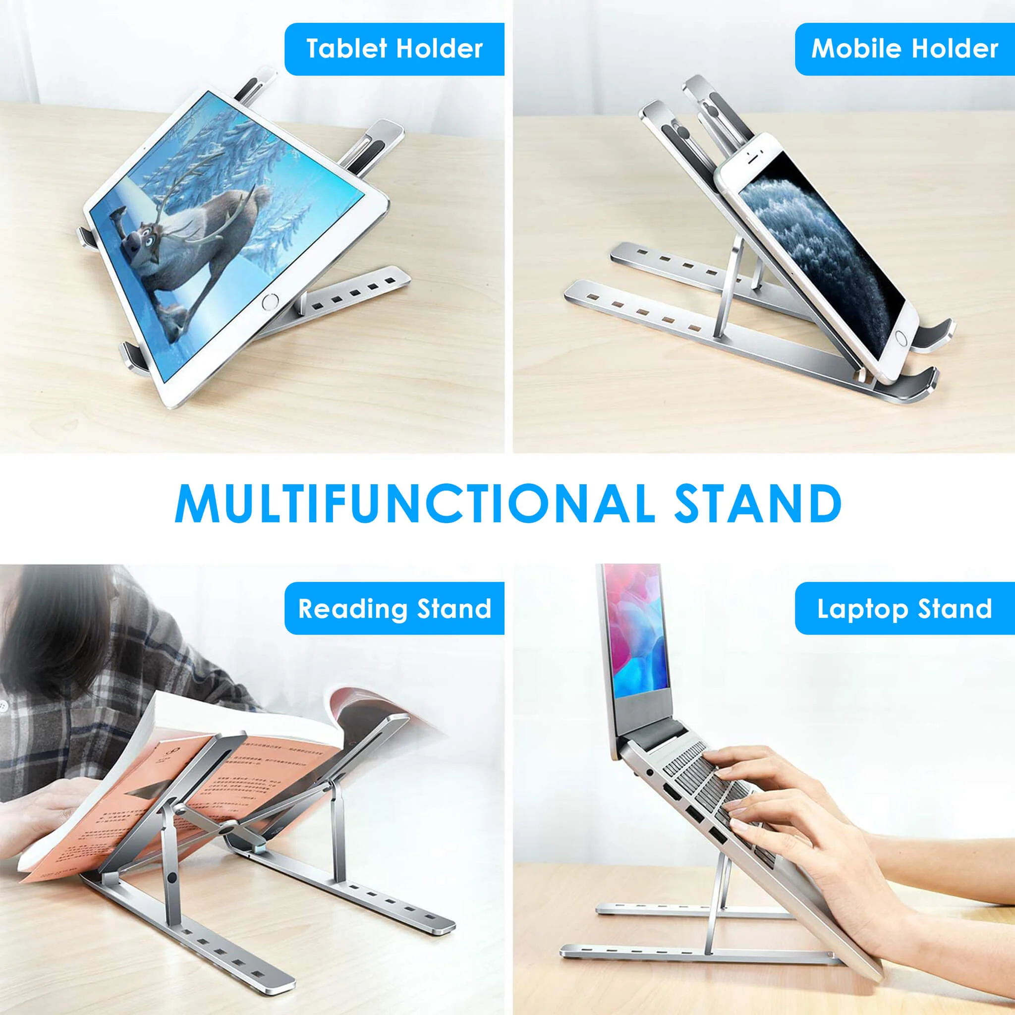AGARO LS1821 Foldable Laptop Stand, 7 Adjustable Levels, Non Slip Silicone Pads, Aluminium Built, Laptop, Tablet, Books (Silver) - Image 6