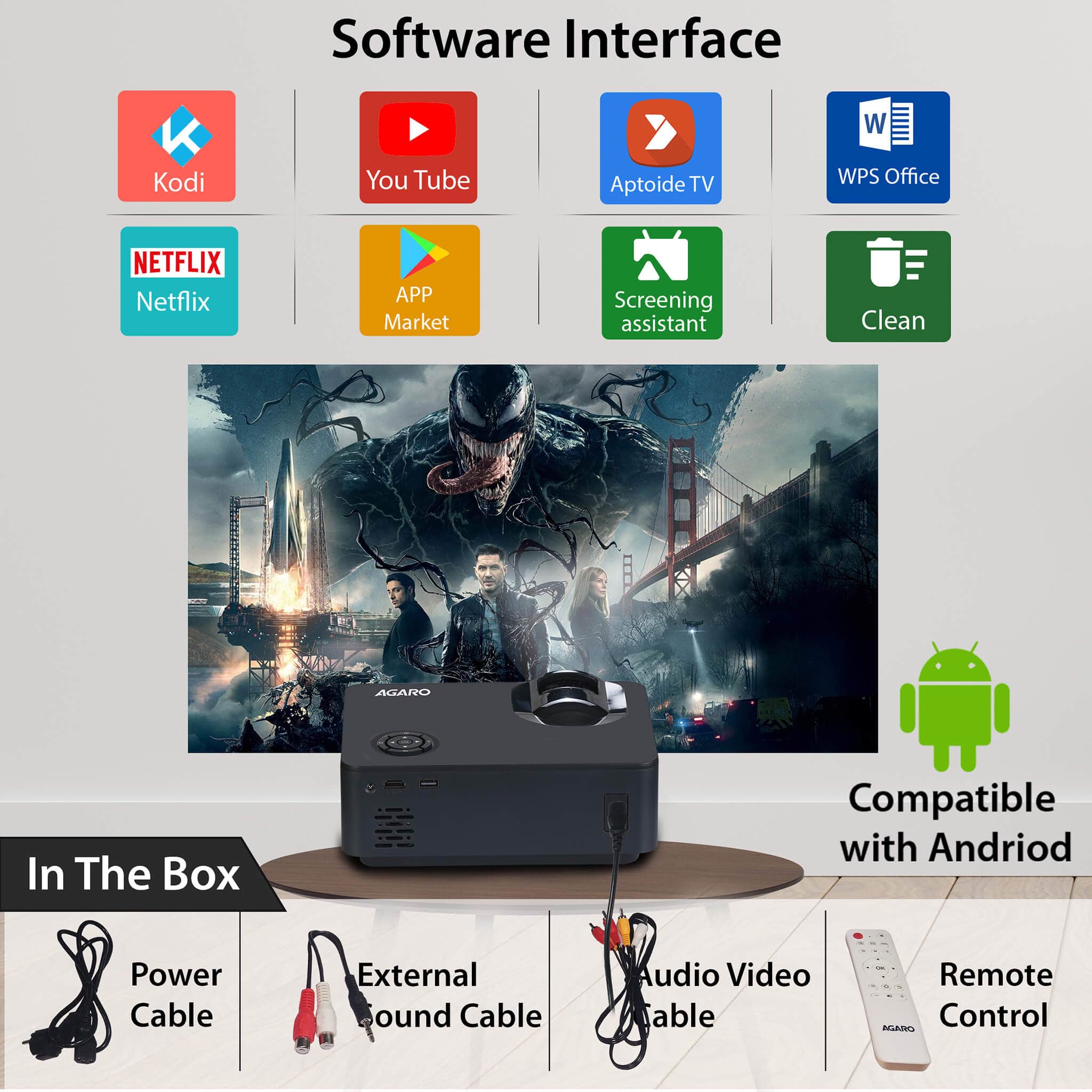 AG60S Andriod HD Projector with 2000 Lux Full HD 1080P Video Projector, Compatible with Smartphone, HDMI,VGA,AV and USB, SD Card with WIFI and 8GB Internal Memory - Image 5