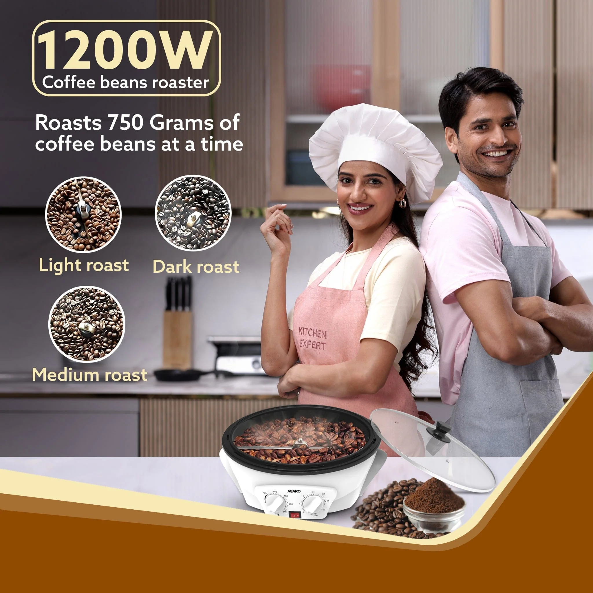 Regal Coffee Roaster, 750 Grams Capacity, 283mm Dia,  Ceramic Coated Inner Pan, 3 Roasting Effect With  Adjustable Temperature & Timer, 1200W, Stainless Steel Blade, Toughened Glass Lid, White - Image 3