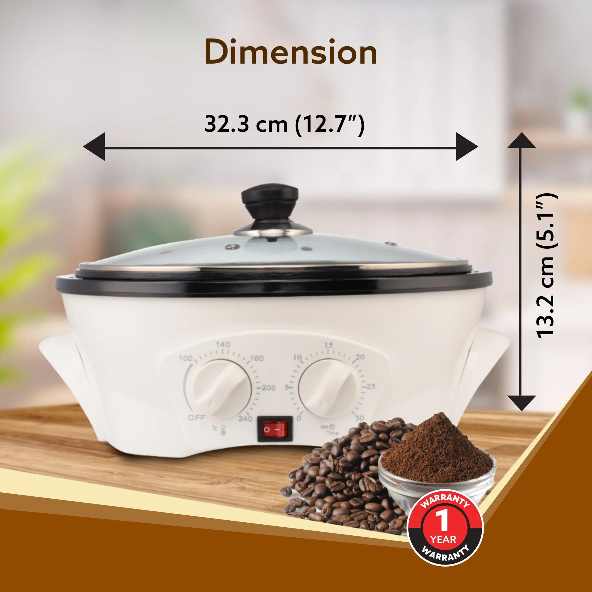 Regal Coffee Roaster, 750 Grams Capacity, 283mm Dia,  Ceramic Coated Inner Pan, 3 Roasting Effect With  Adjustable Temperature & Timer, 1200W, Stainless Steel Blade, Toughened Glass Lid, White - Image 6