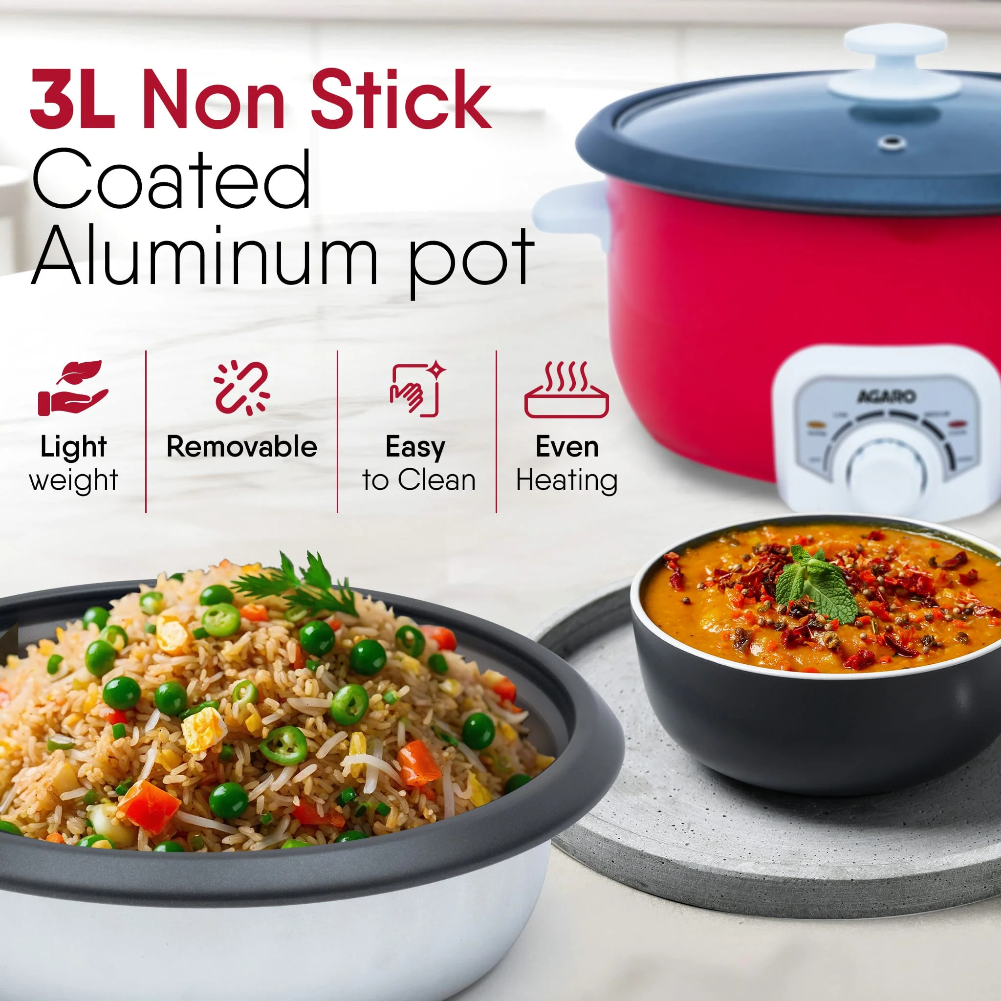 Regal Electric Multi Cooking Pot, 3L, 1200W, Automatic Boiler, Steamer, Fryer, Aluminium Pot, Glass Lid, Adjustable Temperature Control, Keep Warm, Rice, Veggies, Red - Image 3