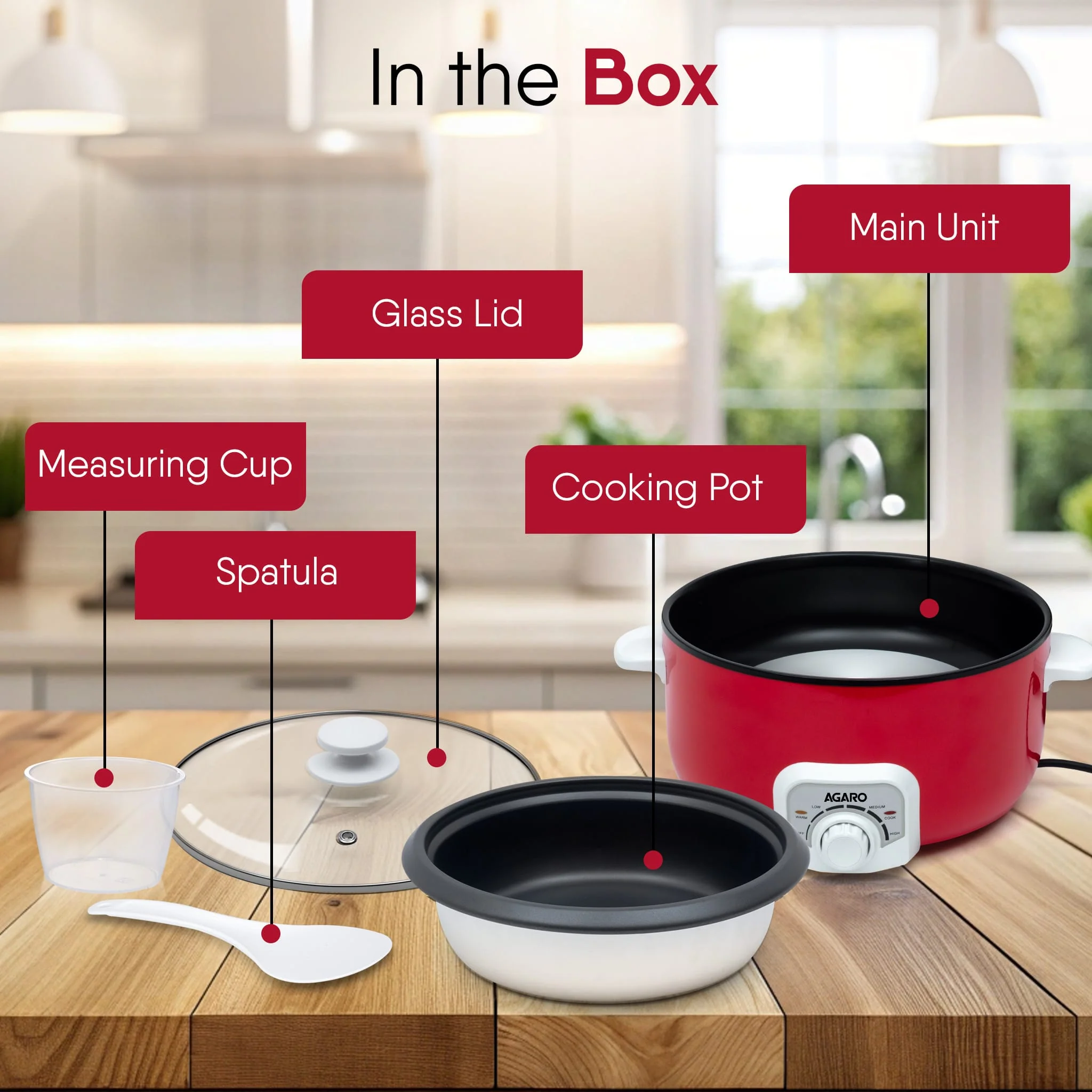 Regal Electric Multi Cooking Pot, 3L, 1200W, Automatic Boiler, Steamer, Fryer, Aluminium Pot, Glass Lid, Adjustable Temperature Control, Keep Warm, Rice, Veggies, Red - Image 5