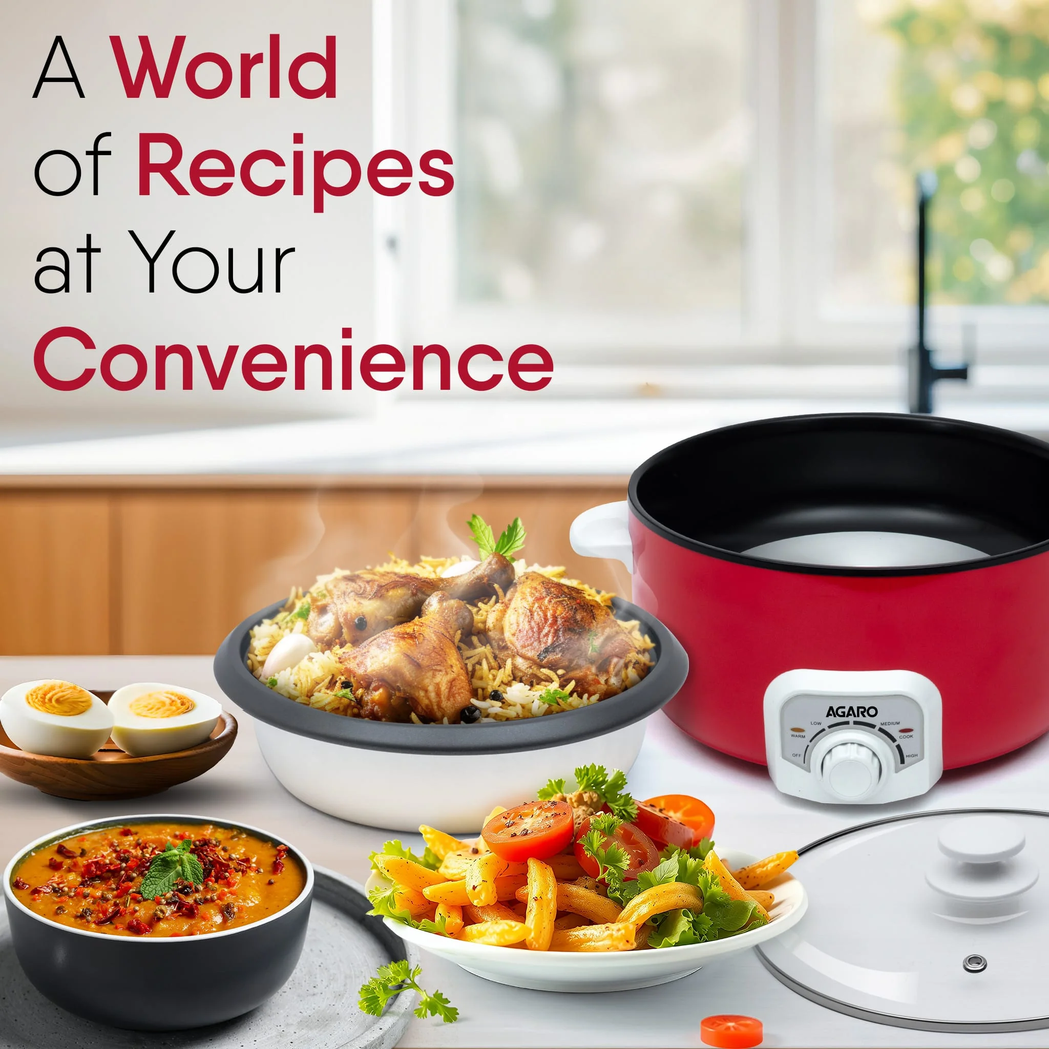 Regal Electric Multi Cooking Pot, 3L, 1200W, Automatic Boiler, Steamer, Fryer, Aluminium Pot, Glass Lid, Adjustable Temperature Control, Keep Warm, Rice, Veggies, Red - Image 6