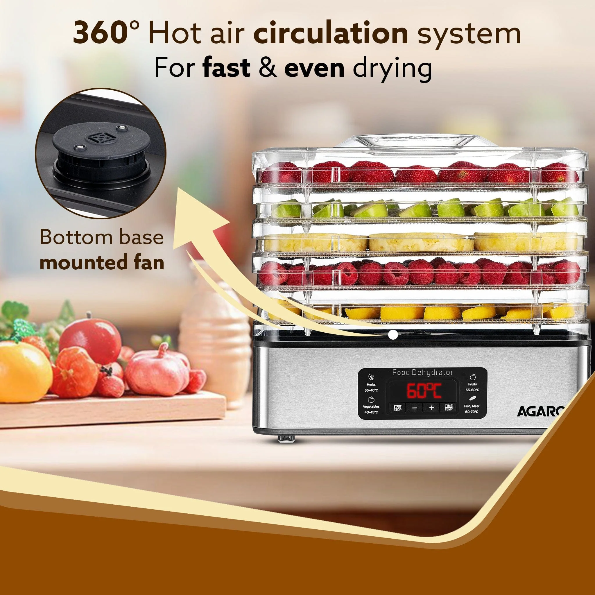 Regal Food Dehydrator, 5 Stackable Stainless Steel Trays, Digital Adjustable Timer & Temperature Control, Food Preserver Machine with Drying Capacity for Fruits, herbs, Veggies, Silver - Image 3