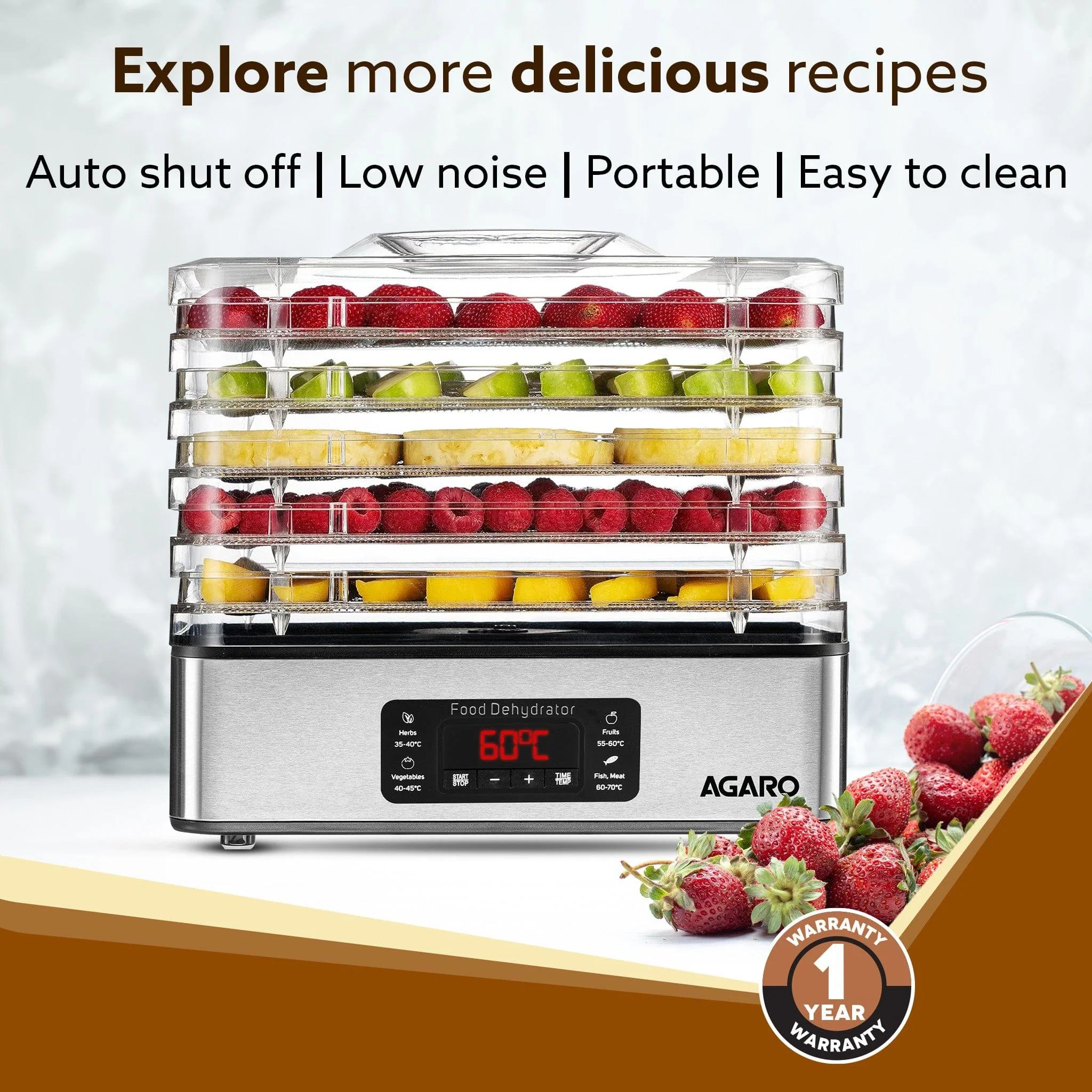 Regal Food Dehydrator, 5 Stackable Stainless Steel Trays, Digital Adjustable Timer & Temperature Control, Food Preserver Machine with Drying Capacity for Fruits, herbs, Veggies, Silver - Image 6
