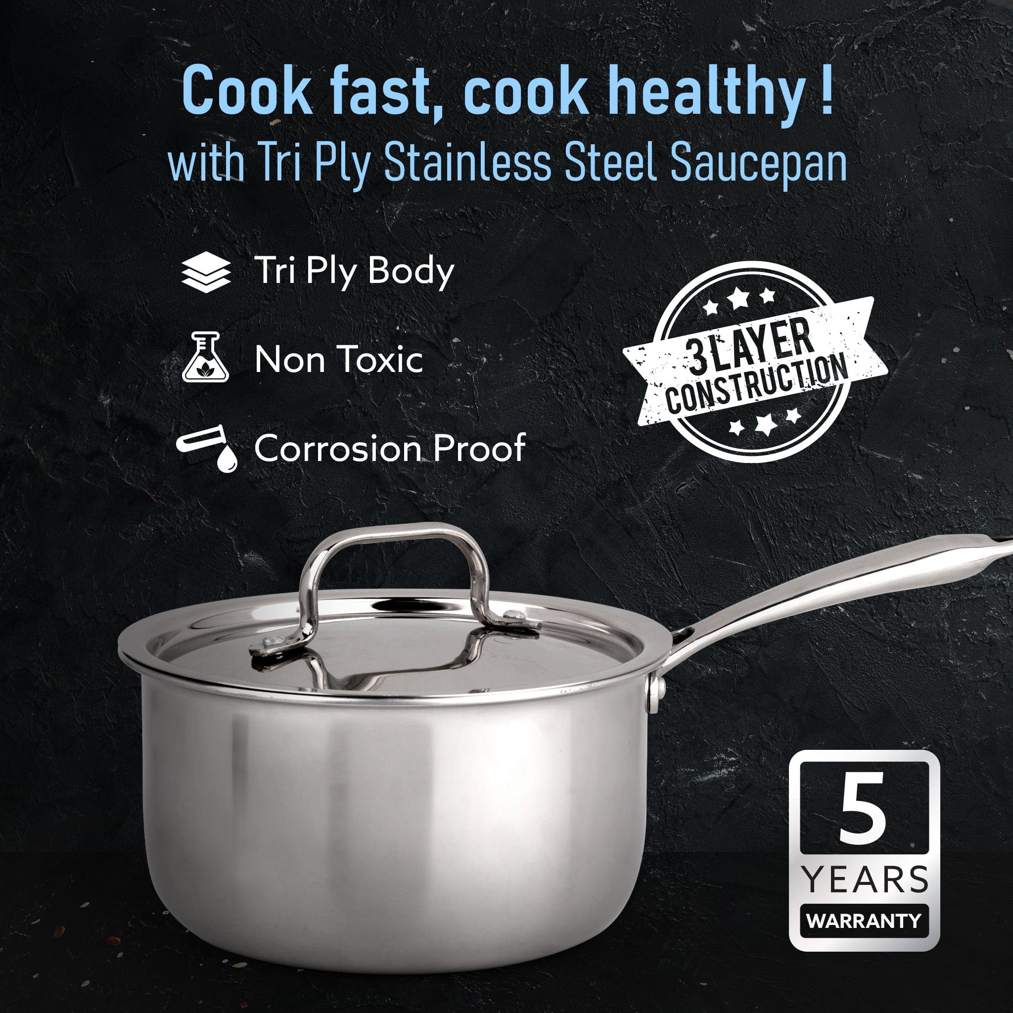 Regency Triply Steel Saucepan With Lid 18 cm, Triple Layered Stainless Steel Body,  2.25L Capacity, 2.5mm Thick Body, Sturdy Handle, Induction & Gas Compatible, Tea, Chai Pan - Image 7