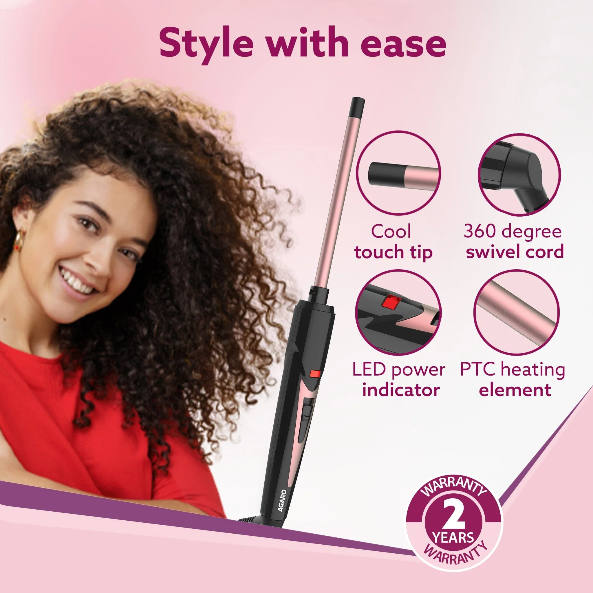 Round Chopstick Curler, With 10 MM Barrel, Rod, Tong, Chopstick Round Hair Curler, Ceramic Coated Plates, Cool Touch Tip, Fast Heating, For Men Women, Maggie Curl, Styling (HC7017, Rose Gold & Black) - Image 6