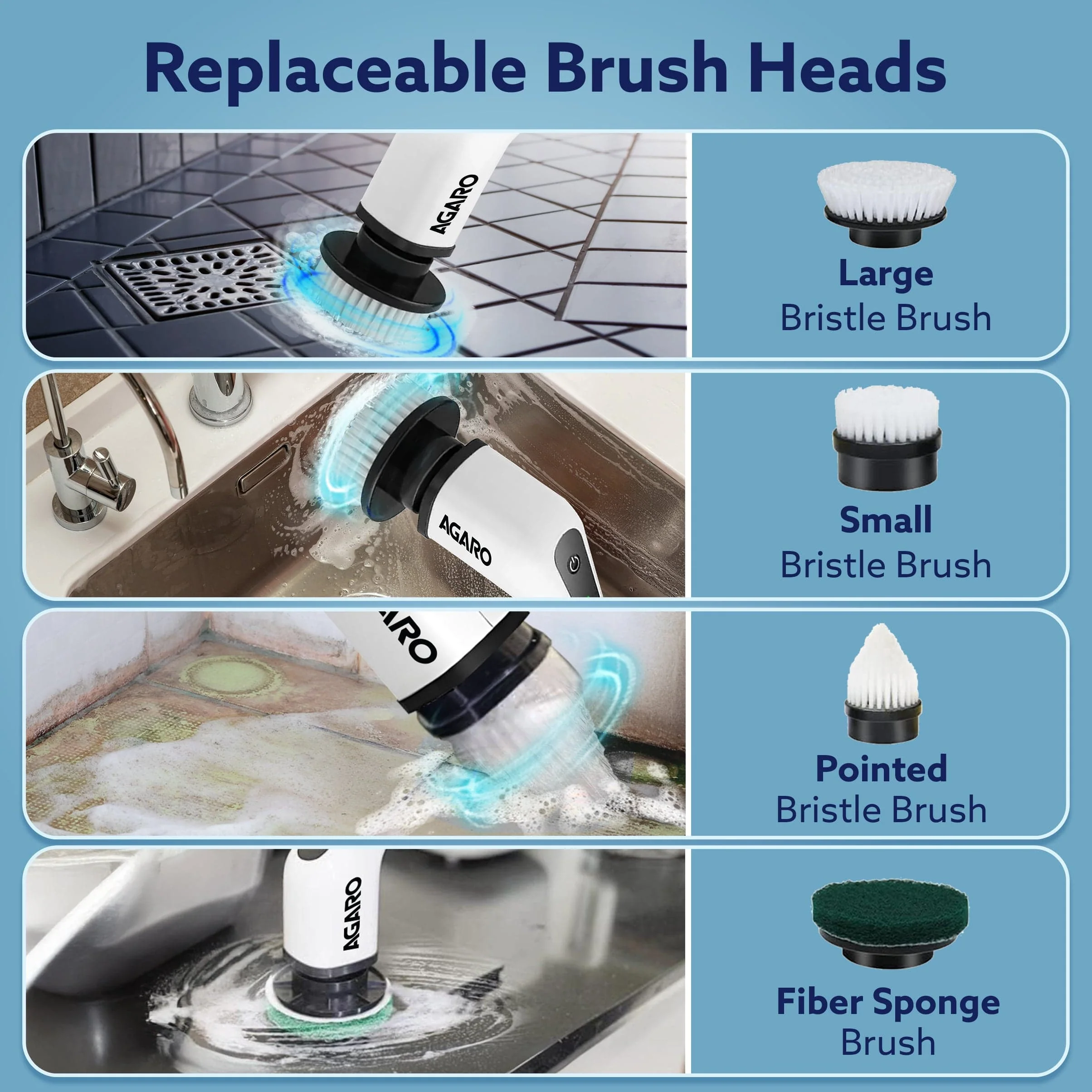 AGARO Royal Electric Spin Scrubber, Cleaning Brush Scrubber for Home, 300RPM/Min, 8 Replaceable Brush Heads, 90 Min Work Time, 3 Adjustable Size, 2 Adjustable Speeds, for Bathroom, Floor Tiles, White - Image 3