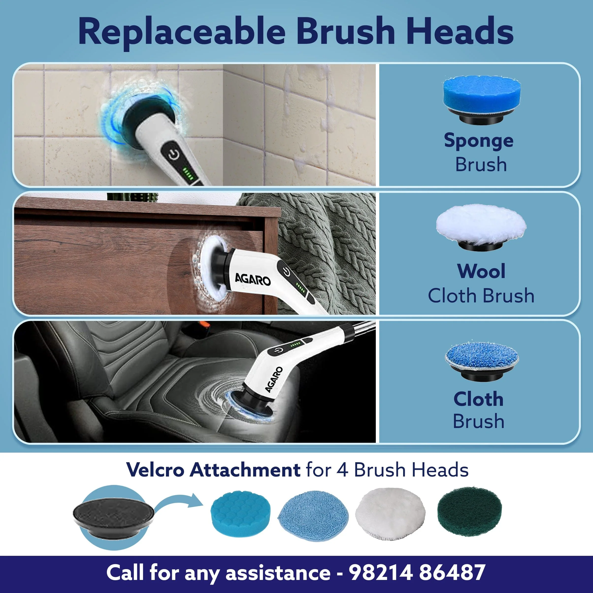 AGARO Royal Electric Spin Scrubber, Cleaning Brush Scrubber for Home, 300RPM/Min, 8 Replaceable Brush Heads, 90 Min Work Time, 3 Adjustable Size, 2 Adjustable Speeds, for Bathroom, Floor Tiles, White - Image 4
